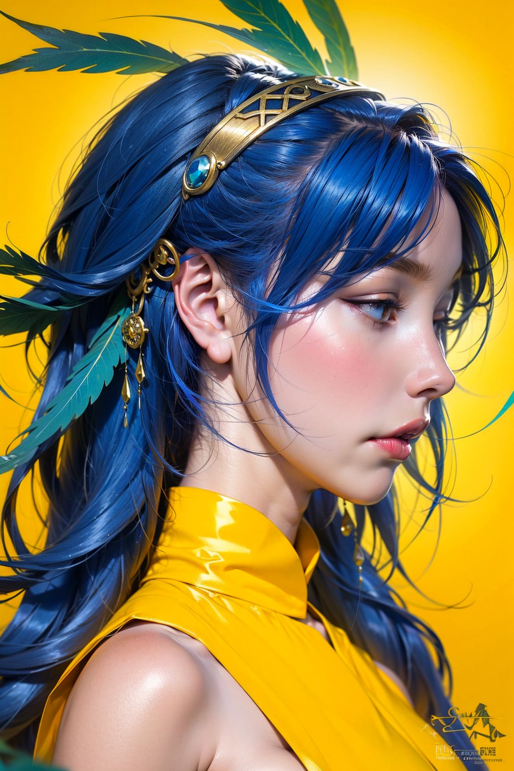 1 girl, solo, headdress, long hair, feathers, jewelry, blue hair, gemstones, yellow background, lips, hair decoration, profile, braids, portrait, watermark, viewed from the side, looking away, feather hair decoration
