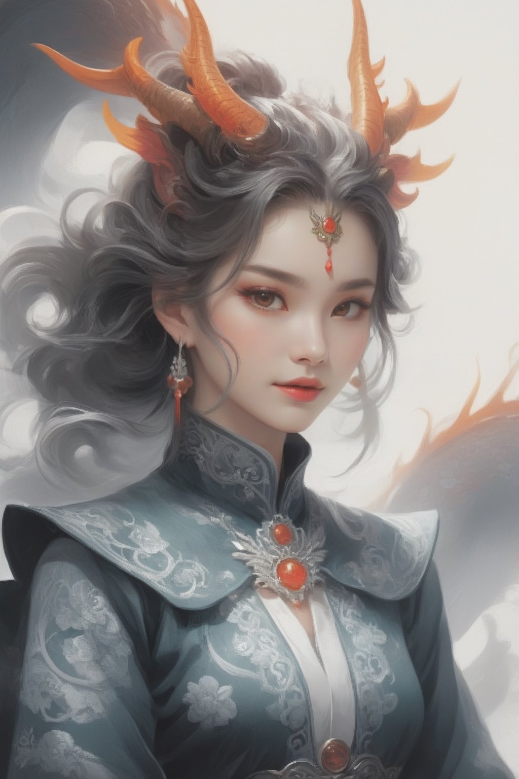 1 girl, (masterful), (long intricate horns:1.2),detailed and intricate, dragonyear, dragon-themed
,Glass Elements, looking_at_viewer,chinese girls,goth person,  sfw,  complex background,dragon-themed,dragonyear 