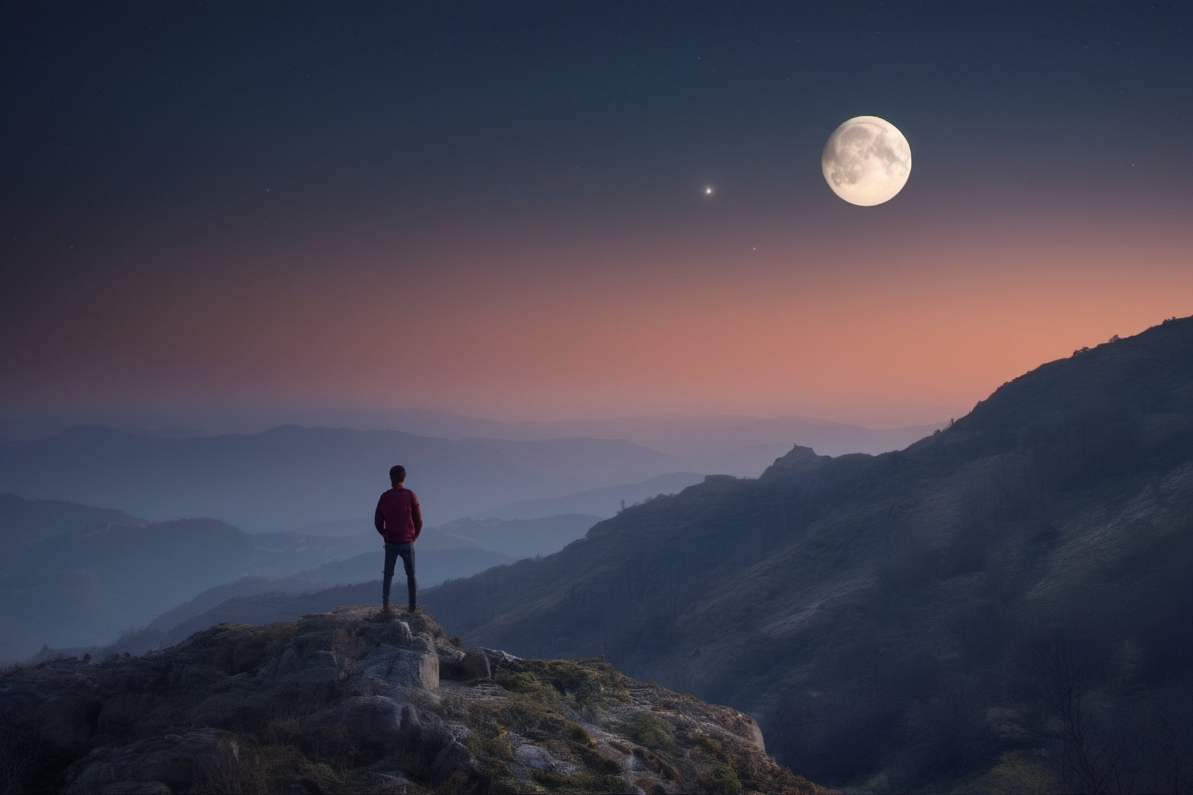 photo from hill, 1man standing, beautiful sky, realstic, star, highres, high detail, night, moon, mansterpiece, best quality, 