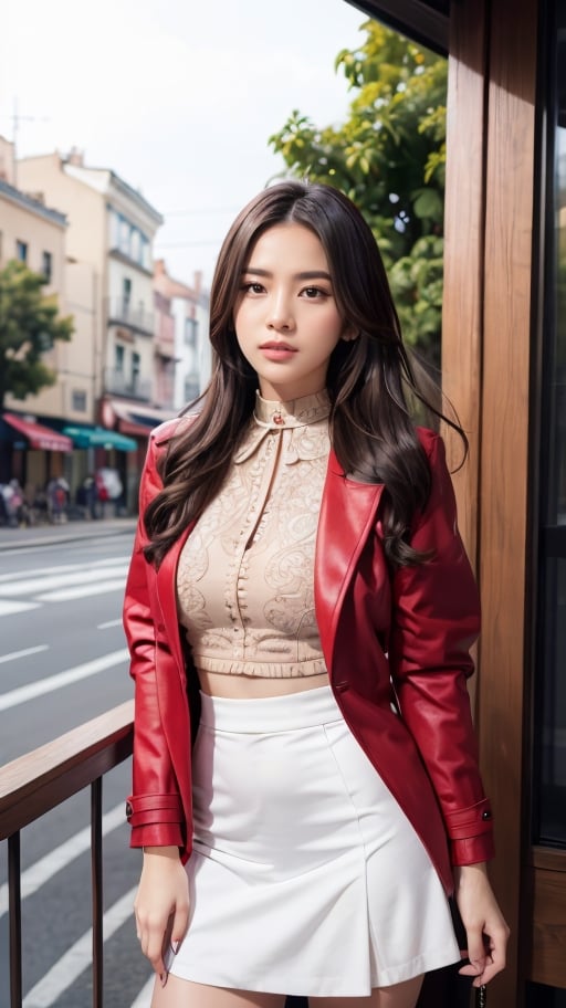 (Reality, Photoquality: 1.37), Red Coat, Red Coat, K-Pop Idol, ((Highest Quality)), ((Intricate Detail)), ((Surrealism)), Ridiculous Resolution, 18 , young, sexy woman, point view, highly detailed illustration, of a girl, medium bust, perfect hands, detailed fingers, beautiful detailed eyes, medium long hair, brown eyes, (high collar: 1.2), tight Skirt, detailed background, choker, perfect eyes, charming eyes, looking.  View from the front