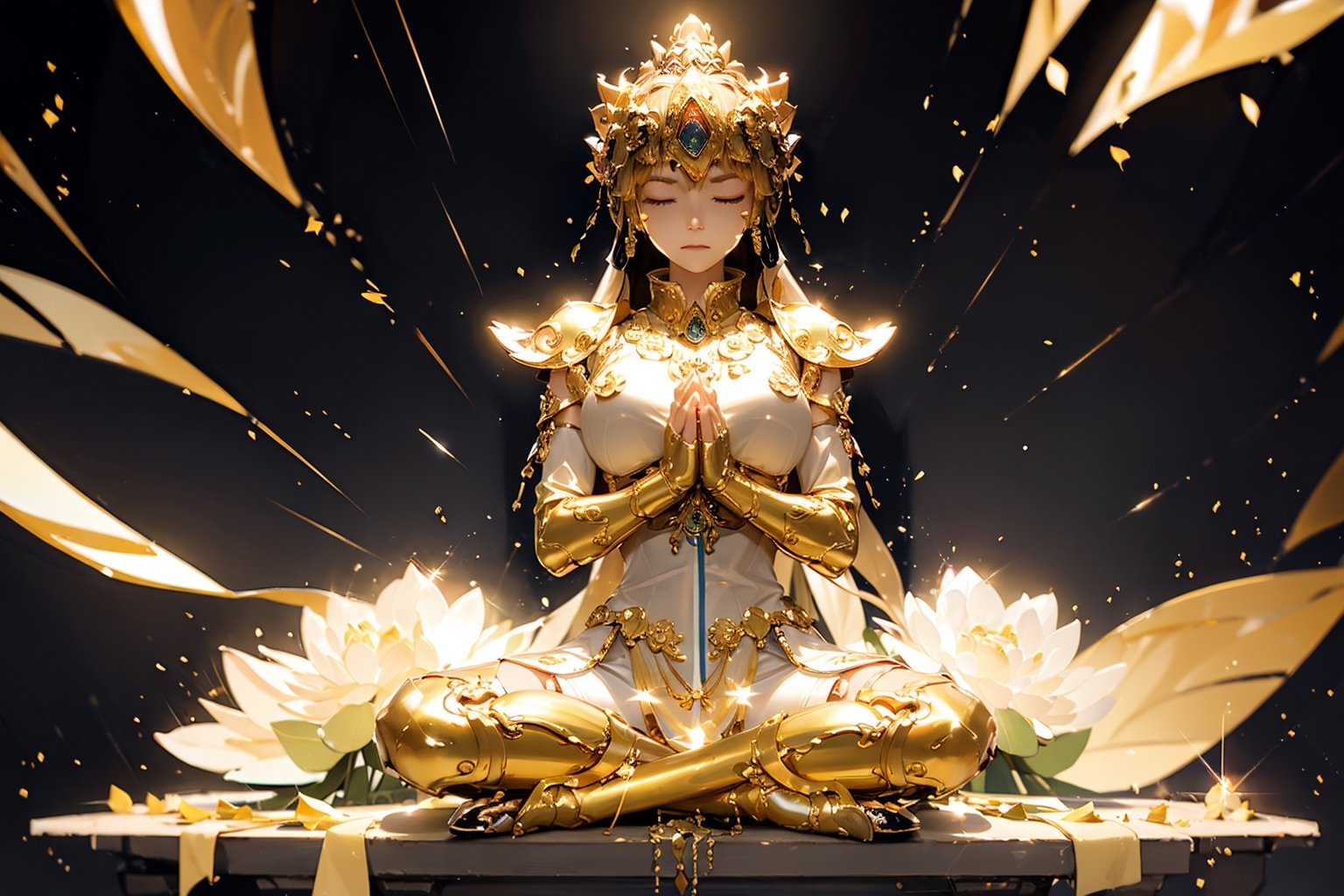 A Guanyin with eyes closed and hands clasped in prayer,Sitting on the lotus platform.there are white clouds and a large transparent golden lotus, with countless little golden lights floating around.with golden light behind him,