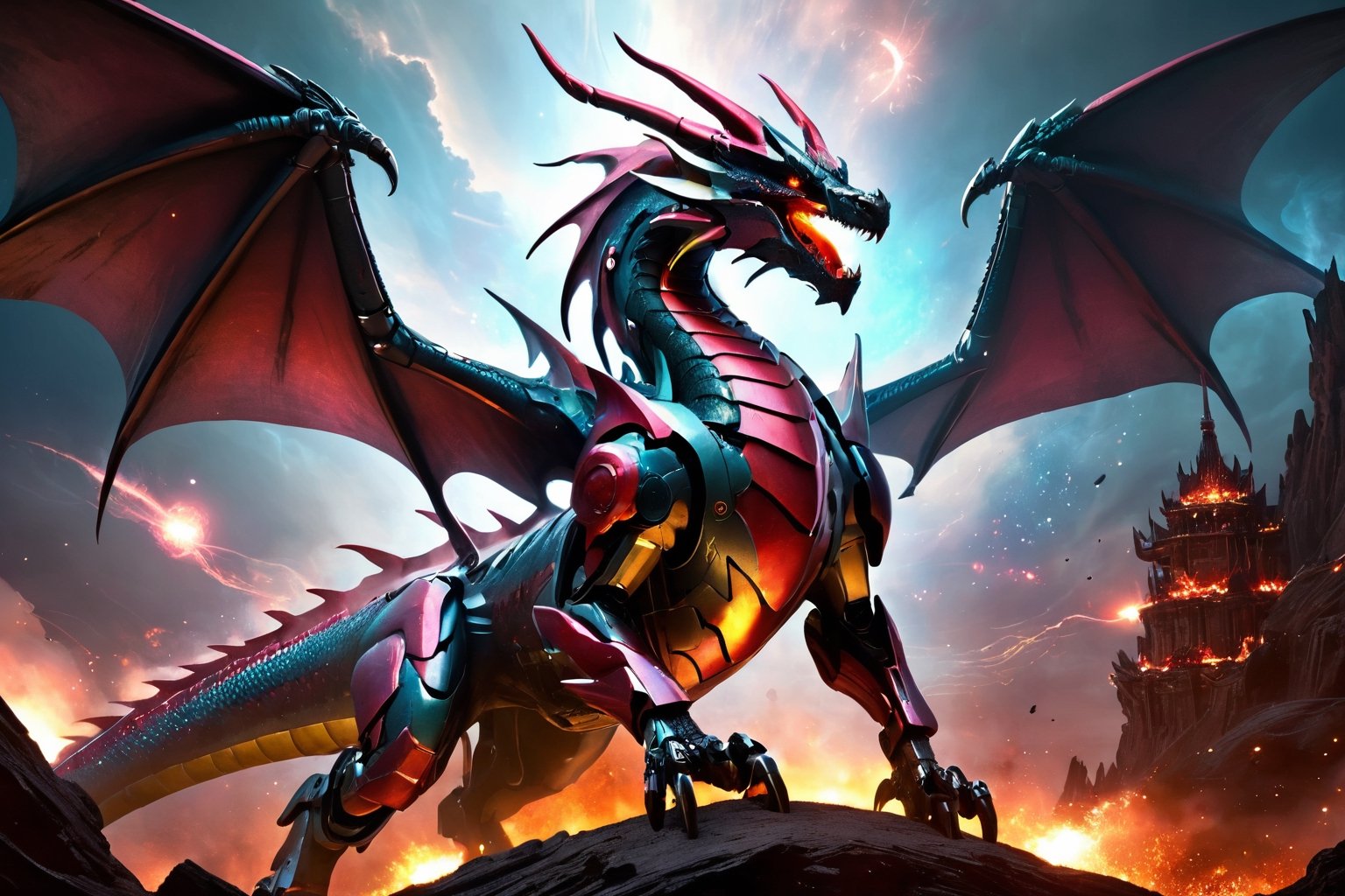 dragon and tyranasrous rex_hybrid spawned from the heavens, menicing, fearsome, angry, roaring, dark black and red cosmic sky,  looming cosmic landscape, smoke and fog.,glitter,dragon,Fire Angel Mecha