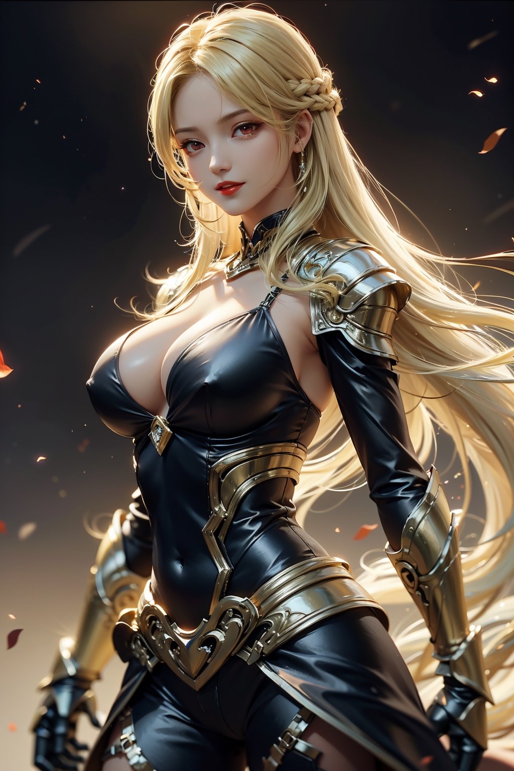 (((Olympus background))), (night), (((blonde_hair:1.3))), (longhairstyle:1.4), ((red eyes)), ((1 mature woman:1.3)), (busty), Normally developed, best quality, extremely detailed, HD, 8k, (evil smile), (evil face), (black_armor),  angel_wings, sfw, (red lips),1 girl,GdClth,1girl,leoarmor,DonM3l3m3nt4l