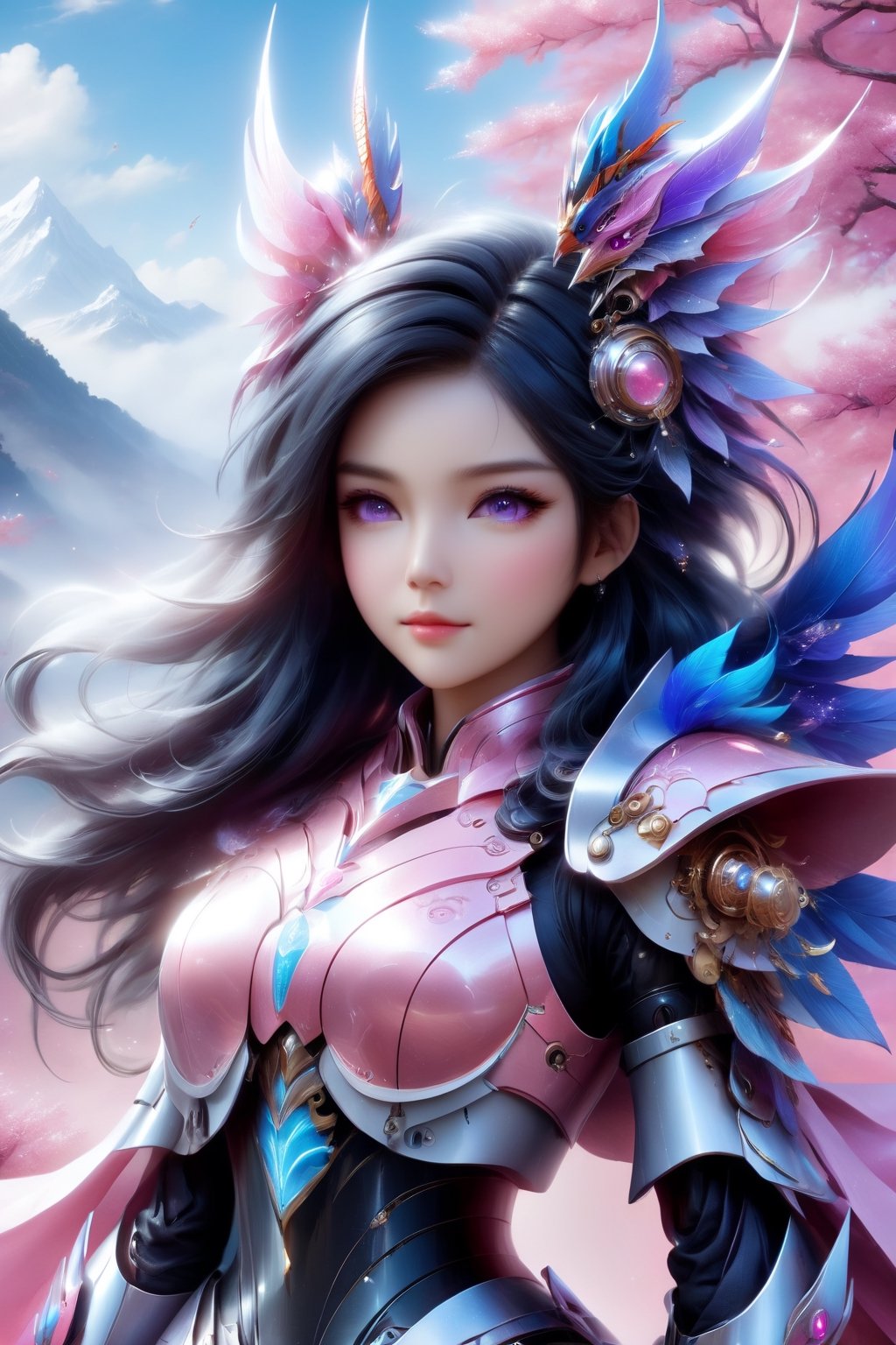 (full length view:1.5), (pink background:1.5), (masterpiece, best quality:1.33), Meet a Girl robot, 20-year-old robot companion, round azure eyes. Mountain, water, trees, a cute baby red dragon, Its charming head is predominantly adorned in a delightful blend of sky blue and purple, leaning more towards the pristine white shade. The round face exudes an endearing appeal, paired with a petite armored body that adds to its adorable nature. All set against a clean and immaculate white background, this girl robot encapsulates the perfect fusion of cuteness and innovation, happy smile, (high quality, 8k, best composition, symmetry, aesthetic), (made in adobe illustrator:1.33), 

front_view, (1girl, looking at viewer), black long hair, black metalic mechanical_armor, dynamic pose, delicate pink filigree, intricate filigree, black metalic parts, intricate armor, detailed part, open eyes, seductive eyes, steampunk style,mecha,4nime style,DonMPl4sm4T3chXL ,xxmix_girl,mythical clouds,EpicSky,cloud,Sci-fi,LinkGirl,Chibi Style,DonMB4nsh33XL 