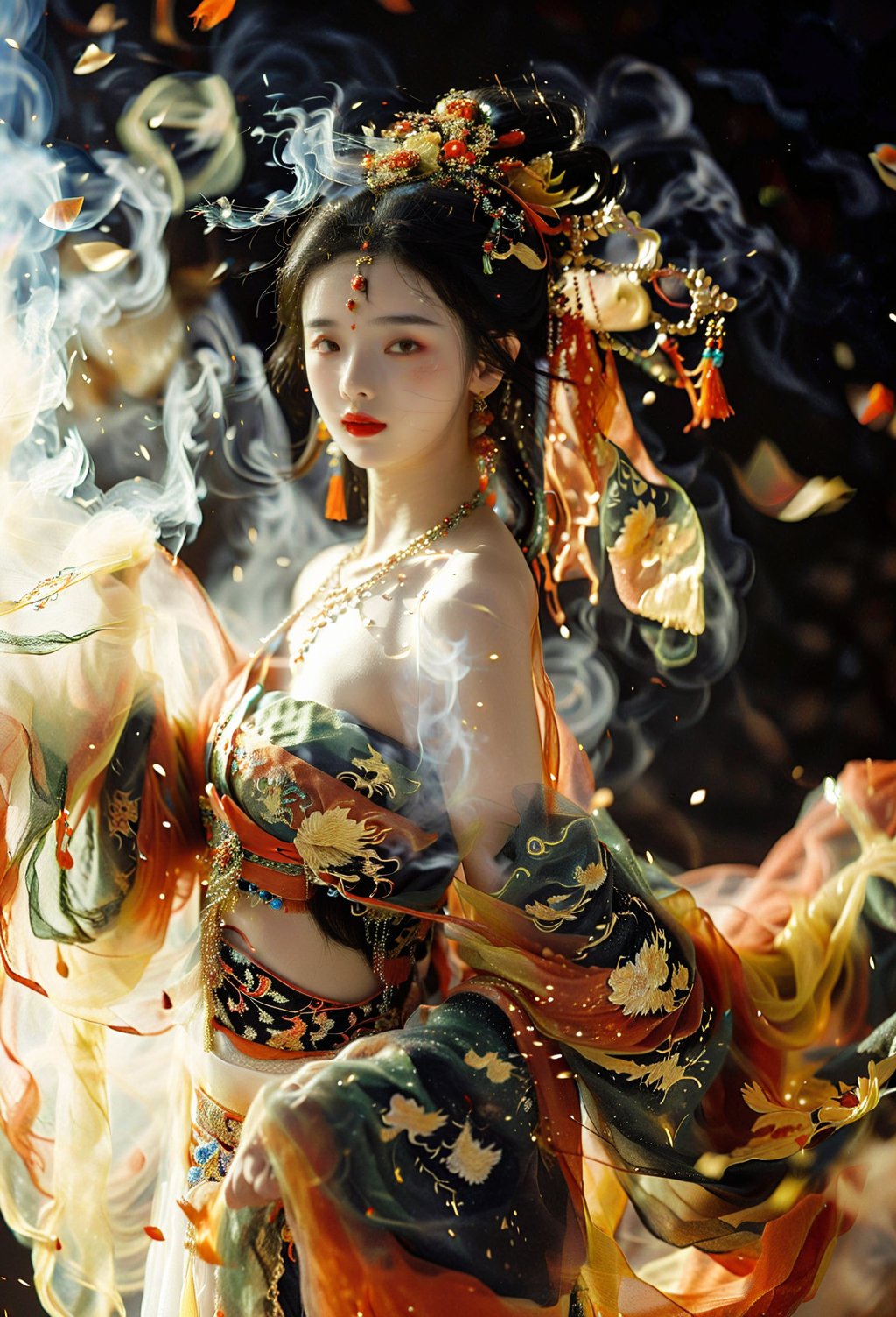 1girl, 16 years old, solo, looking at the audience, black hair, bare shoulders, jewelry, standing, earrings, necklace, light particles, shawl, red lips, Dunhuang, smoke, Dunhuang,xxmix_girl
