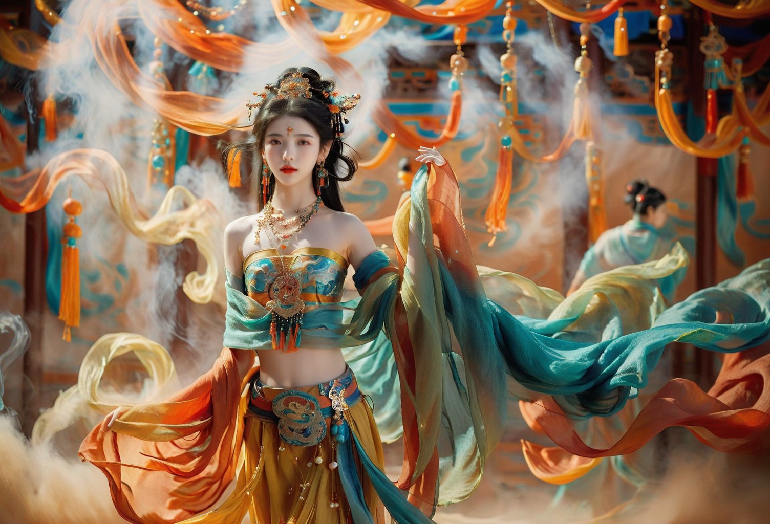 1girl, 16 years old, (beautiful girl), ethereal temperament, calm, solo, looking at the audience, black hair, bare shoulders, jewelry, standing, earrings, necklace, light particles, shawl, red lips, Dunhuang, smoke, Dunhuang