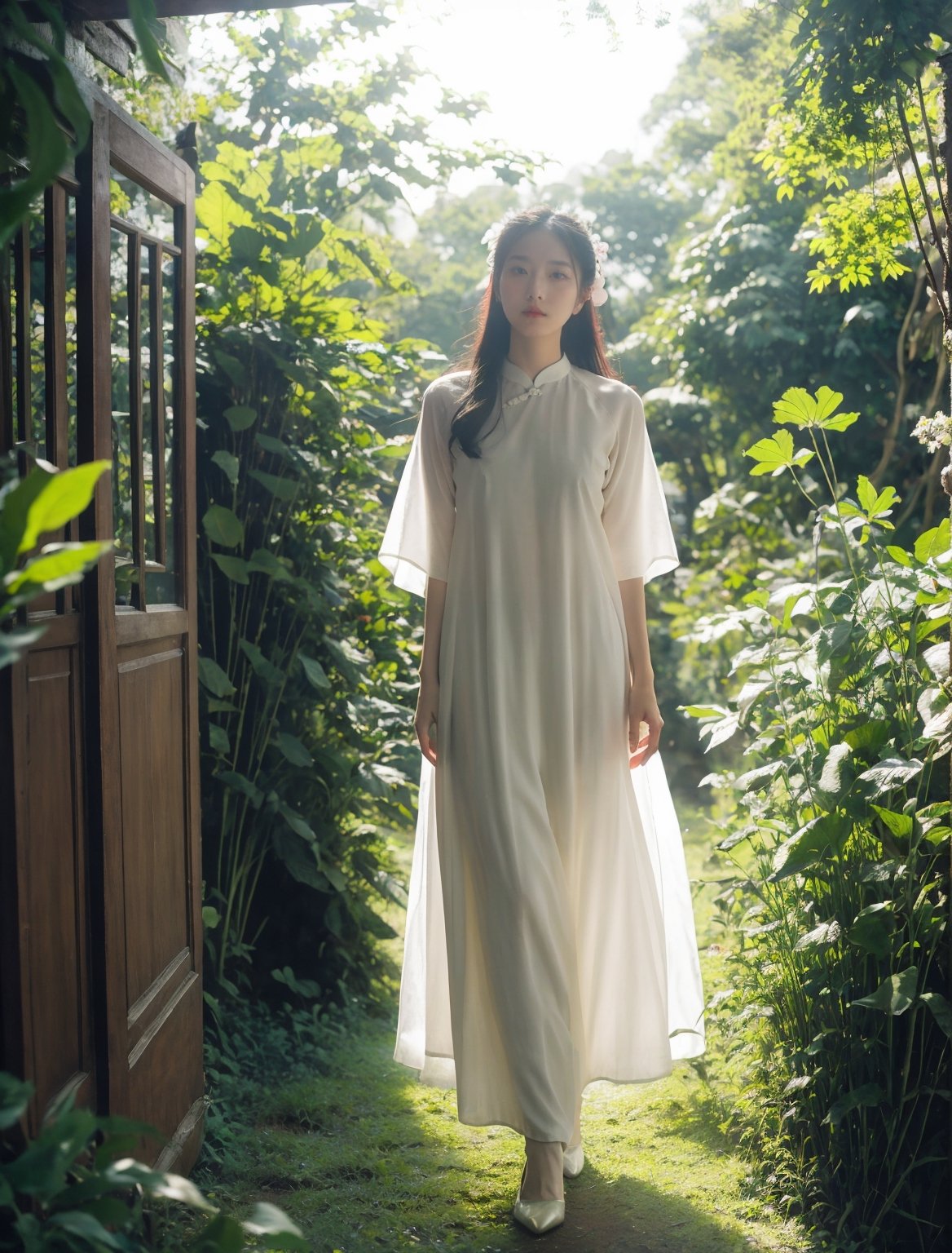 Vietnamese girl in áo dài, nature scene, ethereal and poetic style, soft natural light, flowing áo dài fabric, surrounded by lush greenery or scenic landscape, contemplative expression, harmonious connection with nature, traditional grace and beauty, dreamy and romantic ambiance, capturing the essence of a poetic muse,aodai,VINTAGE, looking_at_viewer, ,dream_girl