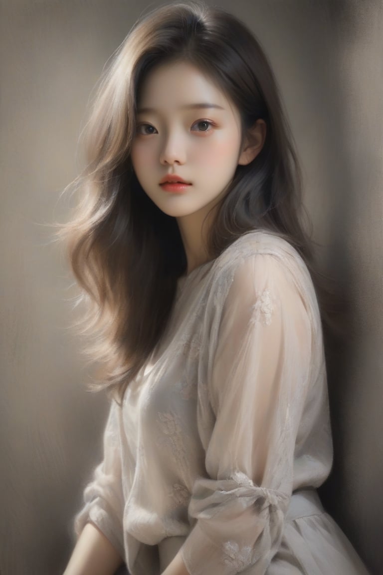 Sketch of a beautiful girl, ((16 years old)), ((Korean girl)), portrait of Leng Jun, pastel painting, illustration art, soft light, detailed, more grayscale, elegant, low contrast, with thin lines Add soft blur, sketch of a beautiful girl, portrait of Charles Miano, ((full body shot)), pastel painting, illustration art, soft lighting, detailed, more grayscale, elegant, low contrast, with Thin lines add soft blur, Morandi,FilmGirl