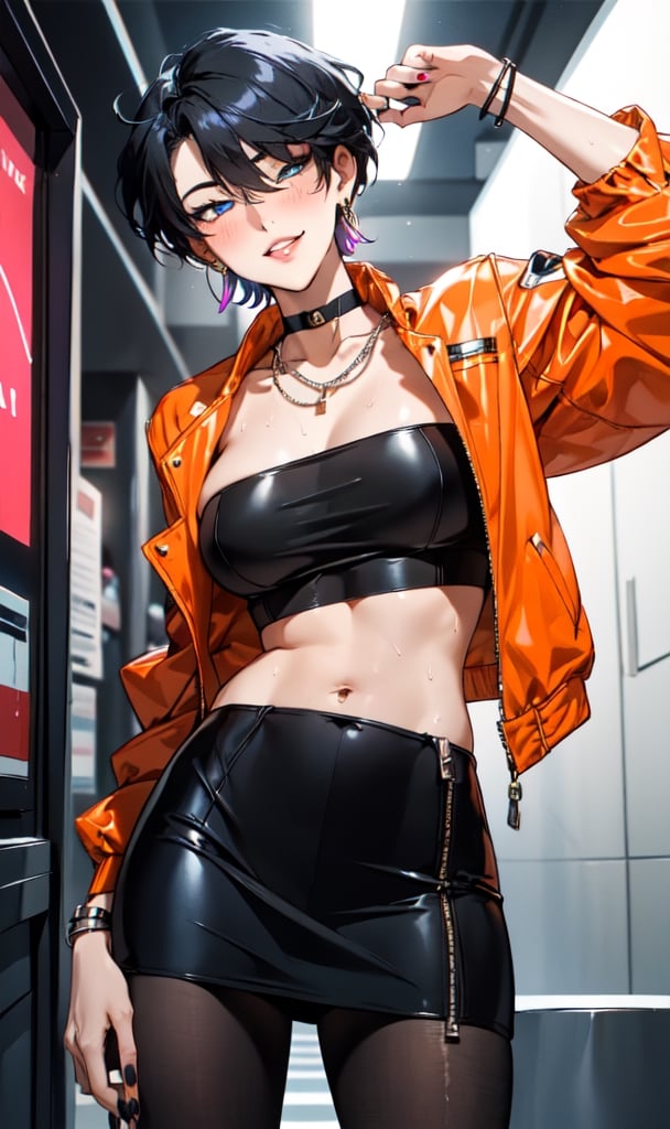 1girl, solo, breasts, looking at viewer, blush, smile, short hair, bangs, skirt,black_ hair,small_breasts, , cleavage,blue_eyes, jewelry,standing,orange_jacket,zipper,yellow_cropped_jacket, black_pantyhose, multicolored hair, cowboy shot, sweat, earrings, parted lips, choker, midriff,blue_miniskirt,necklace, nail polish, bracelet, crop top, head tilt, gradient, black_nails, contrapposto, fishnet pantyhose,

indoors,nightclub,dim_light,night,
short hair,haruka,mature female,Tomboy,Handsome Tomboy,(Hands:1.1), ,better_hands