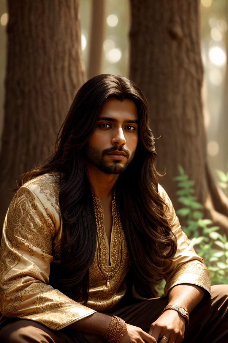 Masterpiece,wallpaper,realistic, Best Quality, (Best illustration), (Best Shade)، detailed image , long hair , indian king sitting in forest , detailed image , 16 mega pixel image , beautiful image
