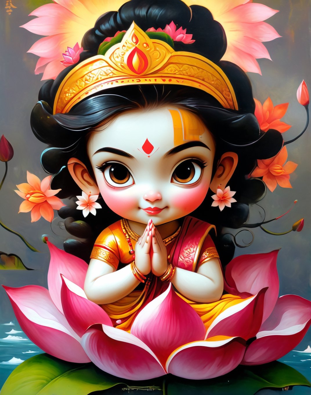 Ultra details, masterpiece, 32k, happy very beautifull cute adorable little teen happy girl Durga maa, white skin, goddess wearing traditional hindu saree and blouse, sitting on a giant pink lotus, flower cgsocaity 21,anime style , 8k resolution photorealistic masterpiece, intricately detailed fluid gouache painting, acrylic: colorful watercolor art, cinematic lighting, maximalist photoillustration, 8k resolution concept art intricately detailed, complex, elegant, expansive, fantastical, psychedelic realism, warrior cute goddess, flower crown, perfect hand. 5 fingers, beautiful kind eyes, full goddess Vibe, vibrant cenematic super super realistic ,Gopn1k, beautiful saree , charming happy face, noble works, art in artstation, very cute adorable child sitting on giant lotus, ANIME_MaMiSun_ownwaifu,Leonardo Style, illustration, 2 legs,vector art,more detail XL