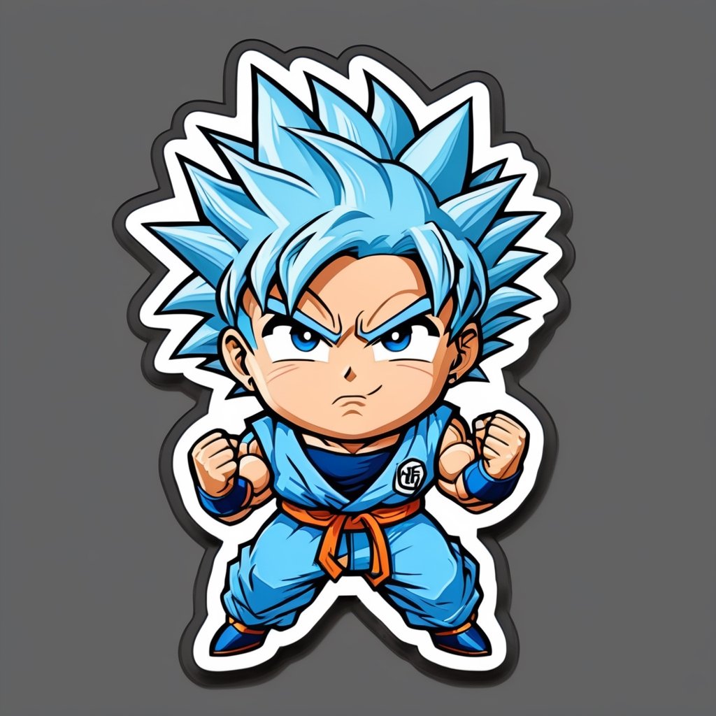  sticker, cartoon,outlines ,cute, little, super Saiyan blue goku, chibi, white background