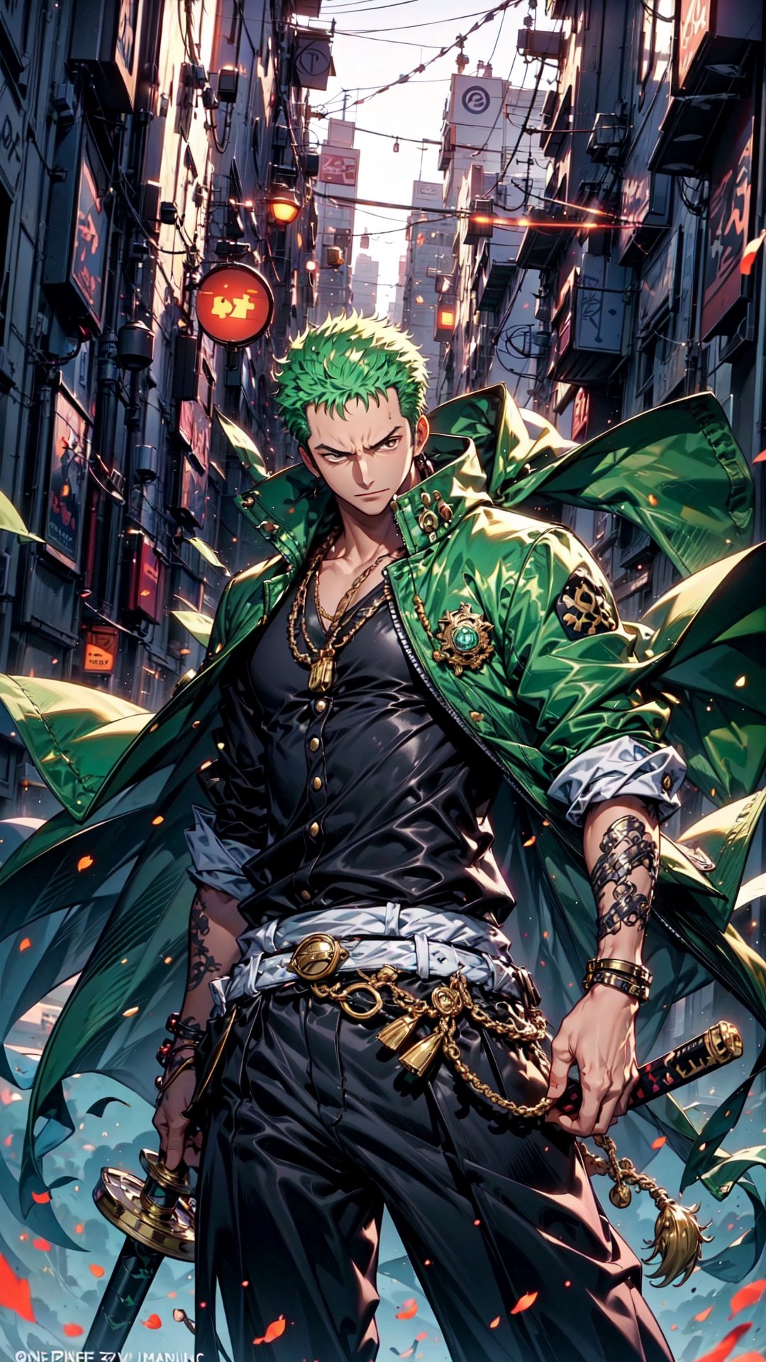  Roronoa Zoro, the iconic character from the One Piece anime:

"Generate a striking and highly detailed visual representation of the legendary swordsman, Roronoa Zoro, from the One Piece anime. Zoro is known for his distinctive appearance and formidable skills.

His hair is a vibrant shade of green, complementing his determined brown eyes. He stands tall and resolute, exuding an air of strength and unwavering determination. Zoro is clad in his signature green outfit, complete with a white haramaki and a bandana.

In his skilled hands, he wields not one but two katana swords, each one unique and finely detailed. The swords should be a reflection of his mastery and the essence of his character.

This image should capture the essence of Zoro's iconic appearance, showcasing his powerful presence and his status as one of the most beloved characters in the One Piece series." Photographic cinematic super super high detailed super realistic image, 8k HDR super high quality image, masterpiece,perfecteyes,zoro, ((perfect hands)), ((super high detailed image)), ((perfect swords)), ,Cyberpunk