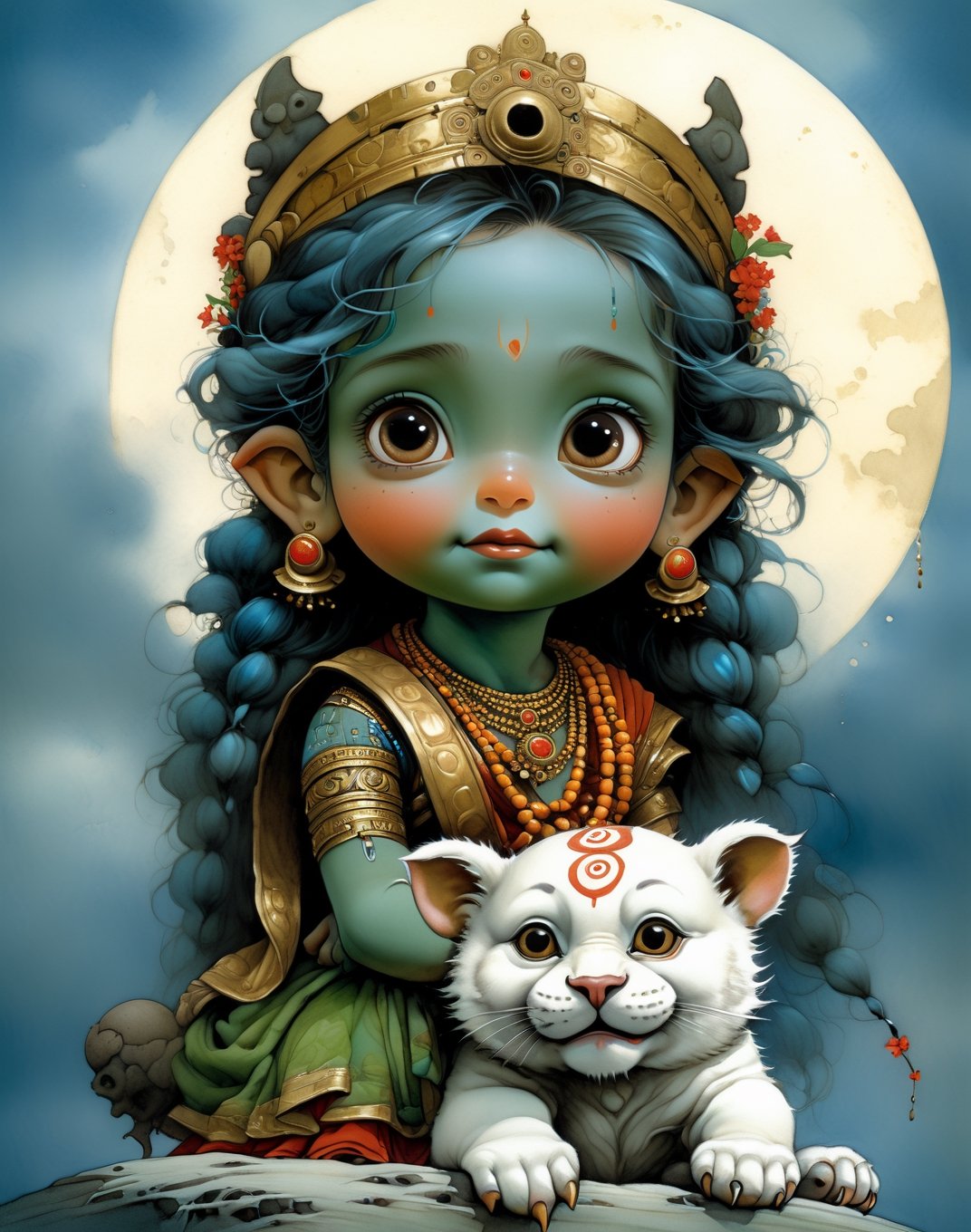 masterpiece, 32k, happy, very beautifull cute adorable little teen happy girl Durga maa, wearing traditional hindu saree, holding a giant ringing bell, sitting on a giant traditional warrior tiger, giant moon in background,, in Japan flower cgsocaity 21, anime style, 8k resolution photorealistic masterpiece, intricately detailed fluid gouache painting by Jean Baptiste Monge, acrylic: colorful watercolor art, cinematic lighting, maximalist photoillustration, concept art intricately detailed, complex, elegant, expansive, fantastical, psychedelic realism, flower crown, in epic sky, tiny Golden shinning, perfect hand. 5 fingers, beautiful kind eyes, full goddess Vibe, vibrant cinematic super super realistic ,Gopn1k, noble works, art in artstation, ANIME_MaMiSun_ownwaifu,Leonardo Style, illustration,more detail XL