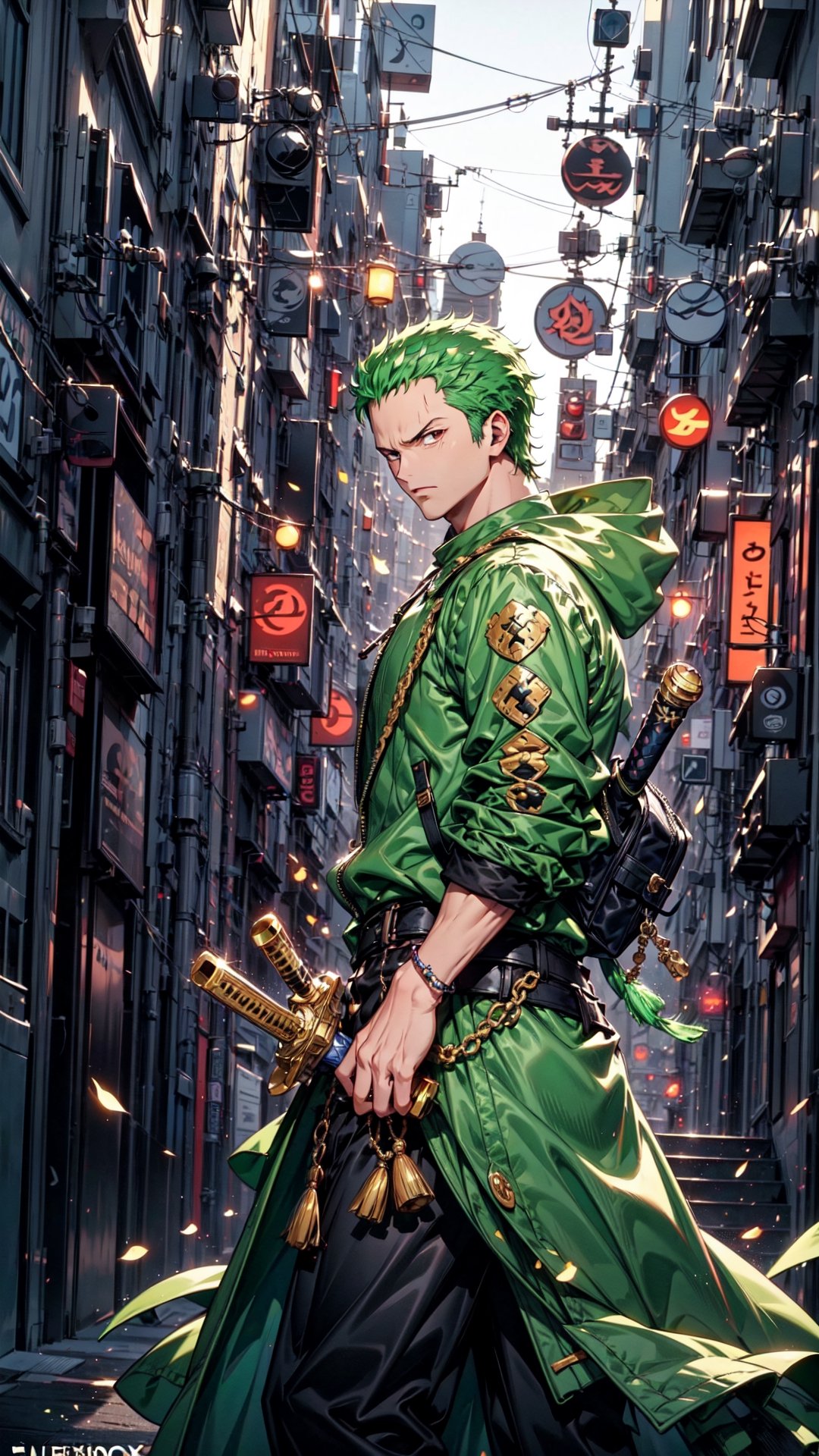  Roronoa Zoro, the iconic character from the One Piece anime:

"Generate a striking and highly detailed visual representation of the legendary swordsman, Roronoa Zoro, from the One Piece anime. Zoro is known for his distinctive appearance and formidable skills.

His hair is a vibrant shade of green, complementing his determined brown eyes. He stands tall and resolute, exuding an air of strength and unwavering determination. Zoro is clad in his signature green outfit, complete with a white haramaki and a bandana.

In his skilled hands, he wields not one but two katana swords, each one unique and finely detailed. The swords should be a reflection of his mastery and the essence of his character.

This image should capture the essence of Zoro's iconic appearance, showcasing his powerful presence and his status as one of the most beloved characters in the One Piece series." Photographic cinematic super super high detailed super realistic image, 8k HDR super high quality image, masterpiece,perfecteyes,zoro, ((perfect hands)), ((super high detailed image)), ((perfect swords)), ,Cyberpunk