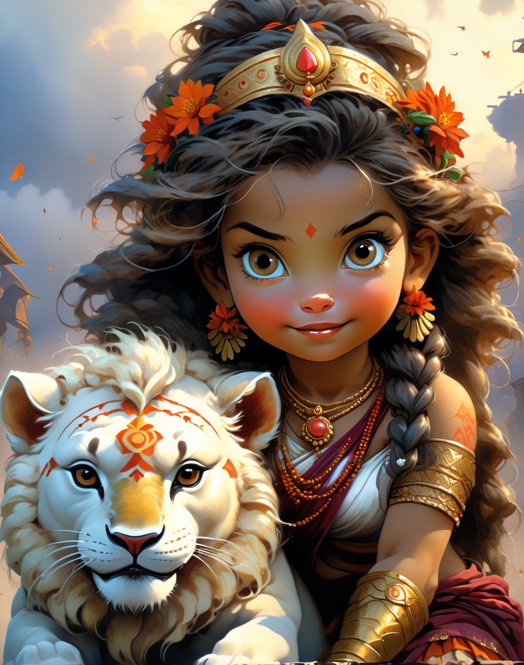 Ultra details, masterpiece, 32k, happy very beautifull cute adorable little teen happy girl Durga maa, with a child, flower head goddess wearing traditional hindu sarees sitting sitting sitting on giant traditional warrior traditional giant horse floting in Japan flower cgsocaity 21,anime style , 8k resolution photorealistic masterpiece, intricately detailed fluid gouache painting, by Jean Baptiste Monge, acrylic: colorful watercolor art, cinematic lighting, maximalist photoillustration, 8k resolution concept art intricately detailed, complex, elegant, expansive, fantastical, psychedelic realism, dripping paint, warrior cute goddess flower crown with very powerful weapon trident sitting sitting giant asthetic horse in epic sky, can't believe how beautiful she is, tiny Golden shinning, perfect hand. 5 fingers, beautiful kind eyes, varieties poses. Different different poses, fully goddess Vibe, vibrant cenematic super super realistic ,Gopn1k, flying,sky sky moon weapon hand, wearing saree, beautiful saree , charming happy face, noble works, art in artstation, very cute adorable child sitting on giant lion,ANIME_MaMiSun_ownwaifu,Leonardo Style, illustration, 2 legs,vector art,more detail XL