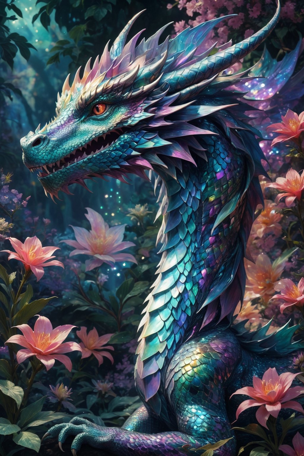 Generate hyper realistic image of a dragon with iridescent, shimmering skin that reflects light in mesmerizing patterns, giving them an ethereal and otherworldly appearance, floral landscape,