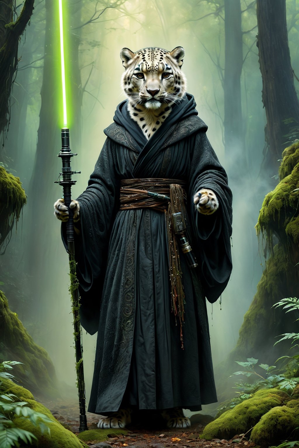 Art by Mandy Disher, digital art 8k, Jean-Baptiste Monge style, art by Cameron Gray, sacred land, dark forest, anthropomorphic angry snow leopard wearing black dress, black robe, dynamic pose, holding a lightsaber, close-up, masterpiece, best quality, high quality, moss, temple background, complementary colors, extremely detailed, volumetric clouds, stardust, 8k resolution, watercolor, Razumov style. Artwork by Razumov and Volegov, Artwork by Carne Griffiths and Wadim Kashin rutkowski repin artstation surrealist painting, 4k resolution blade runner, sharp focus, light emitting diodes, smoke, artillery, sparks, rack, system unit, artstation Surrealistic painting detailed figure concept art design matte painting