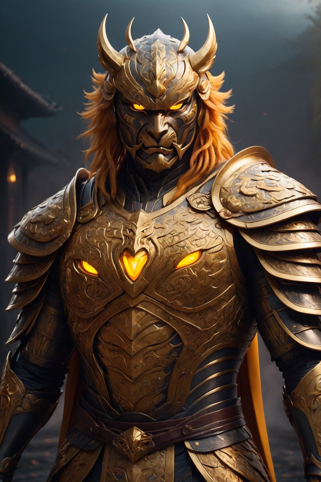 Tiger man, Tiger armour, saffron colour, villain cape, angry, glowing eyes and an aura of rage surrounding him, cinematic style, anamorphic lens, black fog filter, film grain, perfect composition, film grain, film lighting, good composition, good anatomy, intimidating, 
