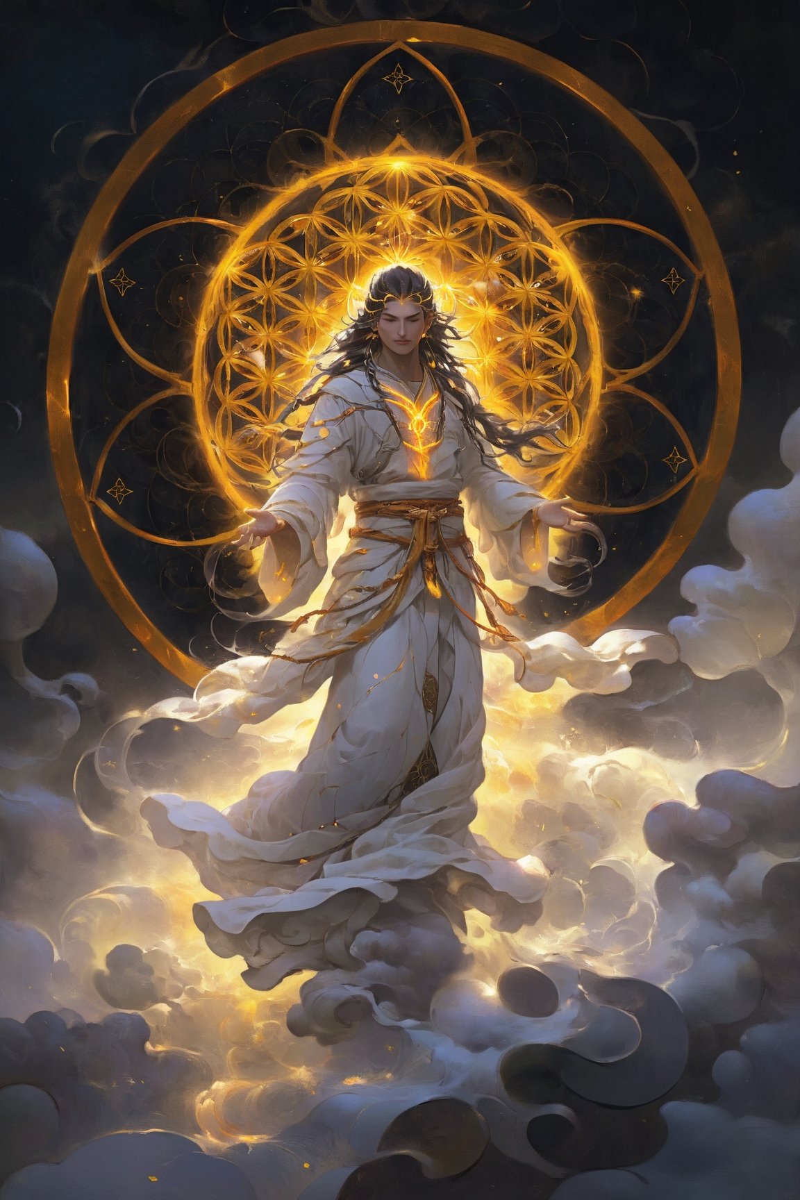 cinematic, ultra realistic, Etheric Mind. A man meditating, long black hair, lighting as part of human body, white linen robe, sparks and surges, arcs of flares , (((yellow aura, flower of life as geometry background))), ready to print, vibrant, Sci-fi, Leonardo Style, high_mountain, (Sun), glowing aura, swirling orange light around the character, light particles,magic circle, Spirit Solar Pendant, (floating_aura:1.4), energy spiral, fantastic atmosphere, fantastic sense of light, science fiction, bloom, Bioluminescent, liquid, floating_fragments:1.3, painting by jakub rozalski, (depth_of_field:1.4), mythical clouds, rainbow_cloud