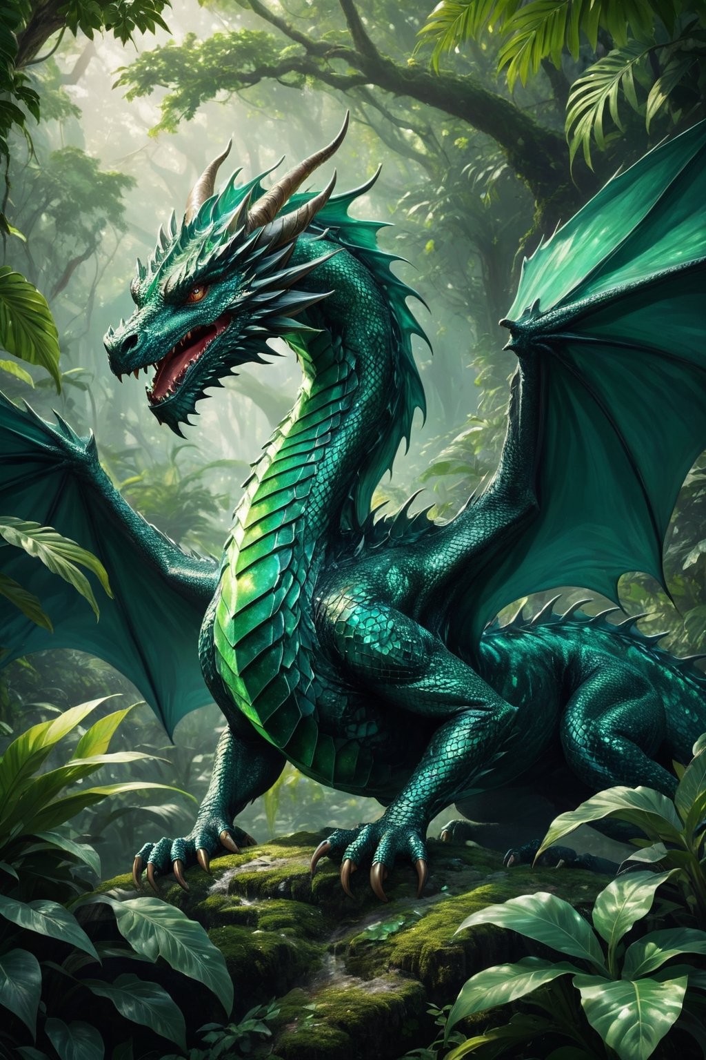 Generate hyper realistic image of a dragon with emerald, shimmering skin that reflects light in mesmerizing patterns, giving them an ethereal and otherworldly appearance, jungle landscape,