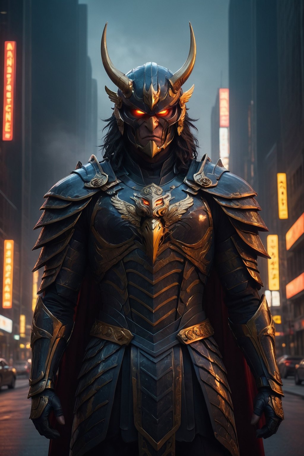Eagle man, eagle face, horns, villain cape, angry, glowing eyes and an aura of rage surrounding him, cinematic style, anamorphic lens, black fog filter, film grain, perfect composition, film grain, film lighting, good composition, good anatomy, intimidating, american cityscape,

