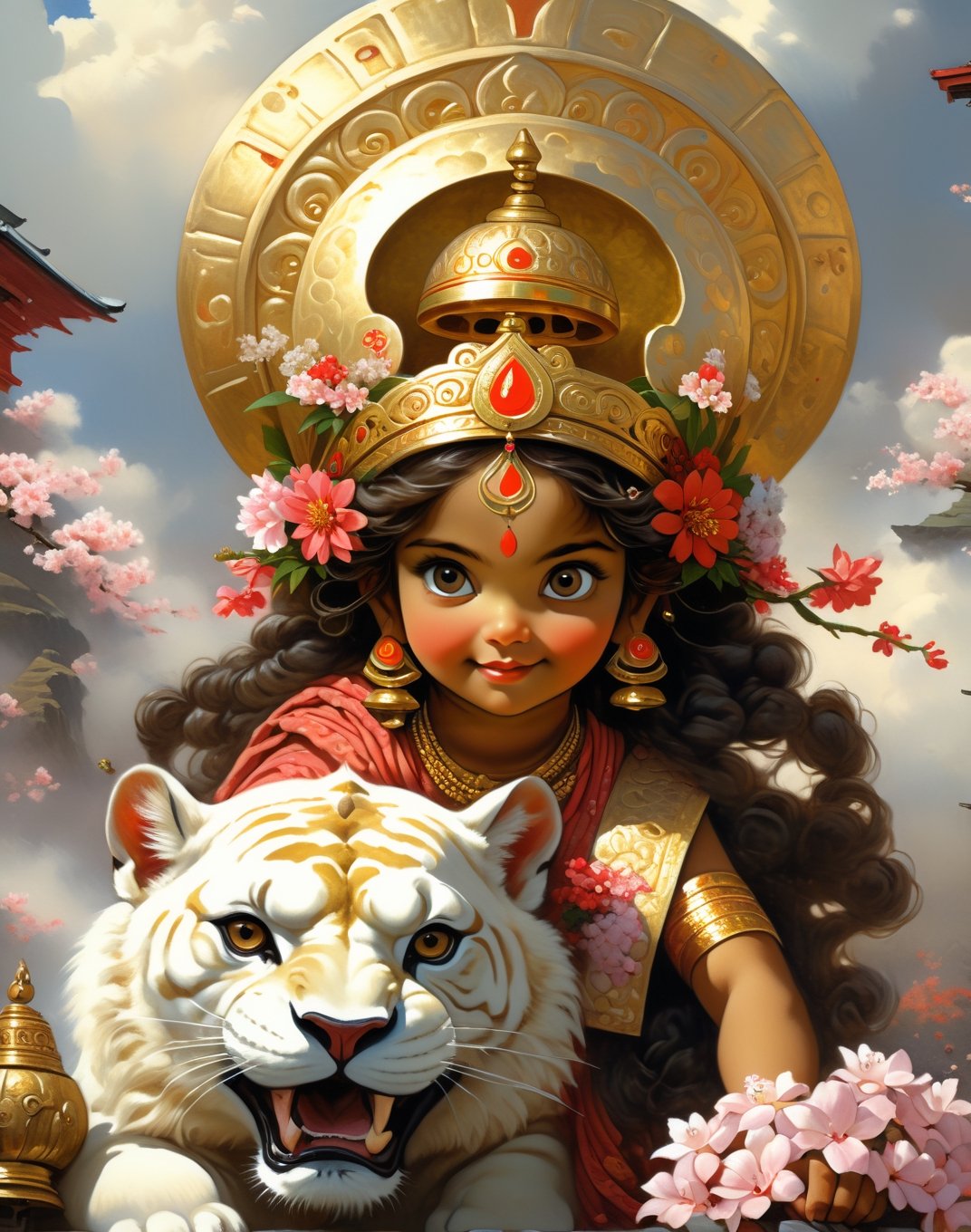 very beautifull cute adorable little teen happy girl Durga maa, wearing traditional hindu saree, giant gold bell, sitting on a giant traditional warrior tiger, in Japan flower cgsocaity 21, anime style, 8k resolution, photorealistic masterpiece, intricately detailed fluid gouache painting by Jean Baptiste Monge, acrylic: colorful watercolor art, cinematic lighting, maximalist photoillustration, concept art intricately detailed, complex, elegant, expansive, fantastical, psychedelic realism, flower crown, giant moon in epic sky, perfect hand. 5 fingers, beautiful kind eyes, full goddess Vibe, vibrant cinematic super super realistic ,Gopn1k, noble works, art in artstation, ANIME_MaMiSun_ownwaifu,Leonardo Style, illustration,more detail XL