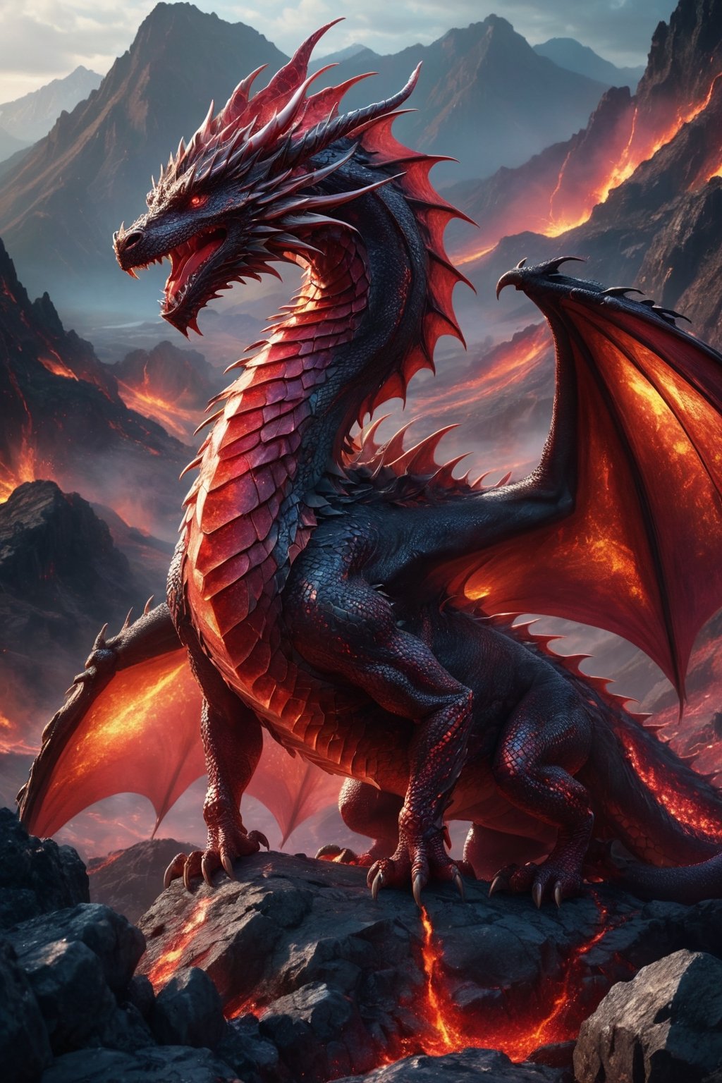 Generate hyper realistic image of a dragon with ruby shimmering skin that reflects light in mesmerizing patterns, giving an ethereal and otherworldly appearance, volcanic landscape,