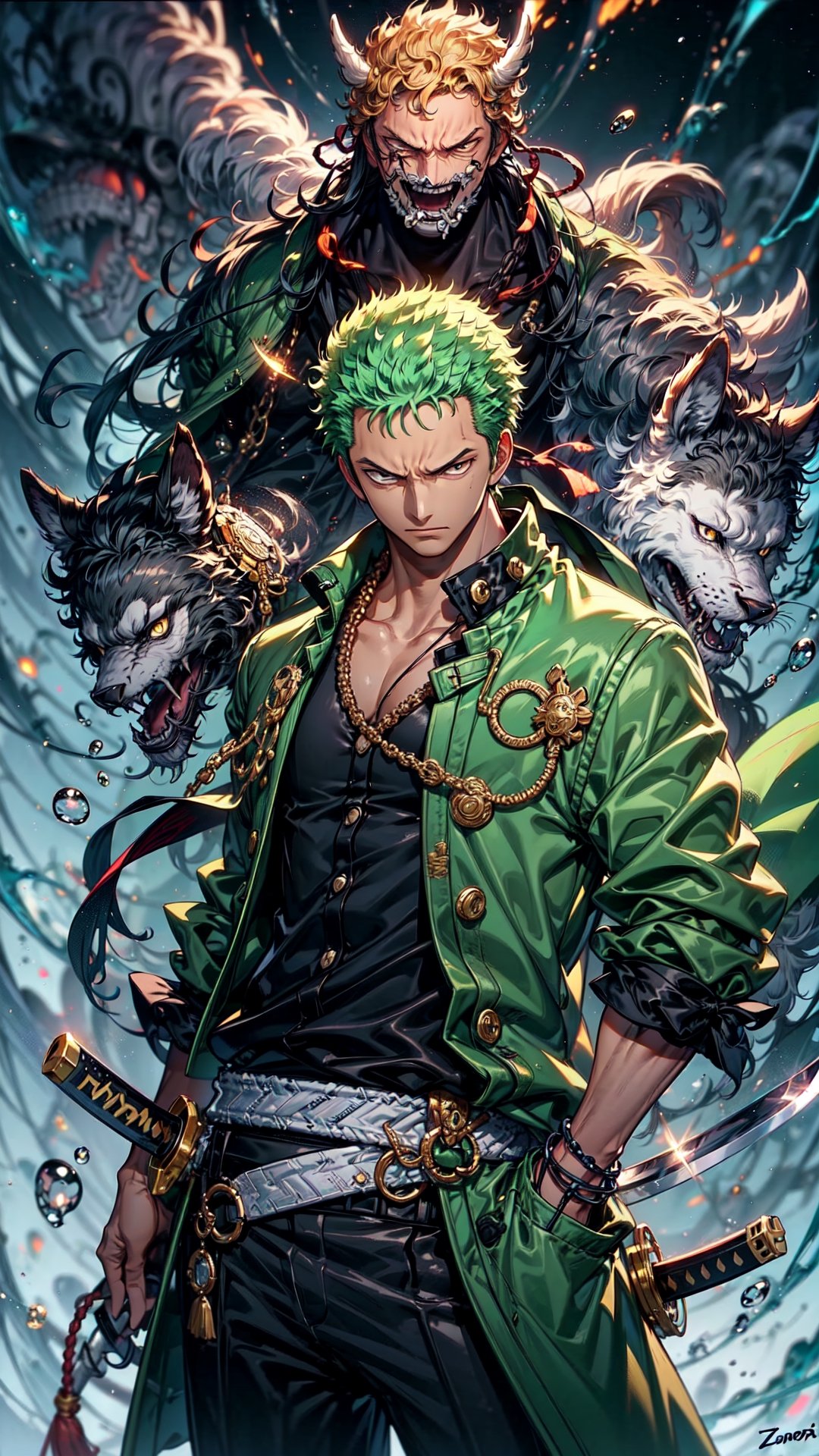  Roronoa Zoro, the iconic character from the One Piece anime:

"Generate a striking and highly detailed visual representation of the legendary swordsman, Roronoa Zoro, from the One Piece anime. Zoro is known for his distinctive appearance and formidable skills.

His hair is a vibrant shade of green, complementing his determined brown eyes. He stands tall and resolute, exuding an air of strength and unwavering determination. Zoro is clad in his signature green outfit, complete with a white haramaki and a bandana.

In his skilled hands, he wields not one but two katana swords, each one unique and finely detailed. The swords should be a reflection of his mastery and the essence of his character.

This image should capture the essence of Zoro's iconic appearance, showcasing his powerful presence and his status as one of the most beloved characters in the One Piece series." Photographic cinematic super super high detailed super realistic image, 8k HDR super high quality image, masterpiece,perfecteyes,zoro, ((perfect hands)), ((super high detailed image)), ((perfect swords)),