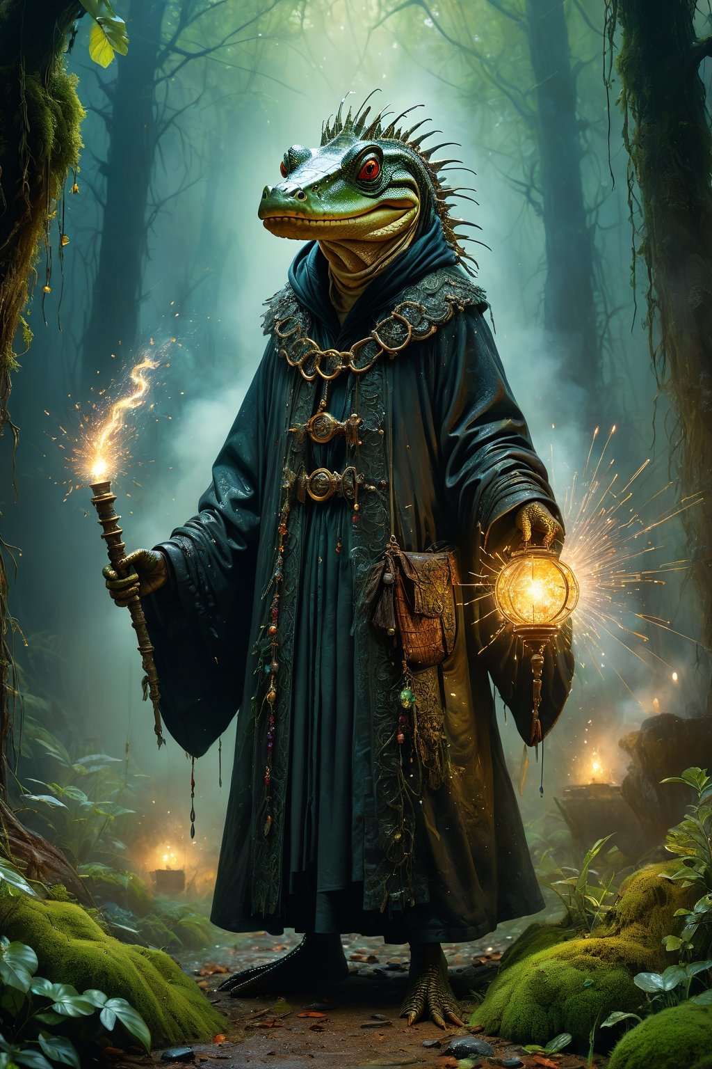 Art by Mandy Disher, digital art 8k, Jean-Baptiste Monge style, art by Cameron Gray, sacred land, dark forest, anthropomorphic angry gator wearing black dress, black robe, dynamic pose, holding a lightsaber, huge gemstones pendat, close-up, masterpiece, best quality, high quality, moss, temple background, complementary colors, extremely detailed, volumetric clouds, stardust, 8k resolution, watercolor, Razumov style. Artwork by Razumov and Volegov, Artwork by Carne Griffiths and Wadim Kashin rutkowski repin artstation surrealist painting, 4k resolution blade runner, sharp focus, light emitting diodes, smoke, artillery, sparks, rack, system unit, artstation Surrealistic painting detailed figure concept art design matte painting