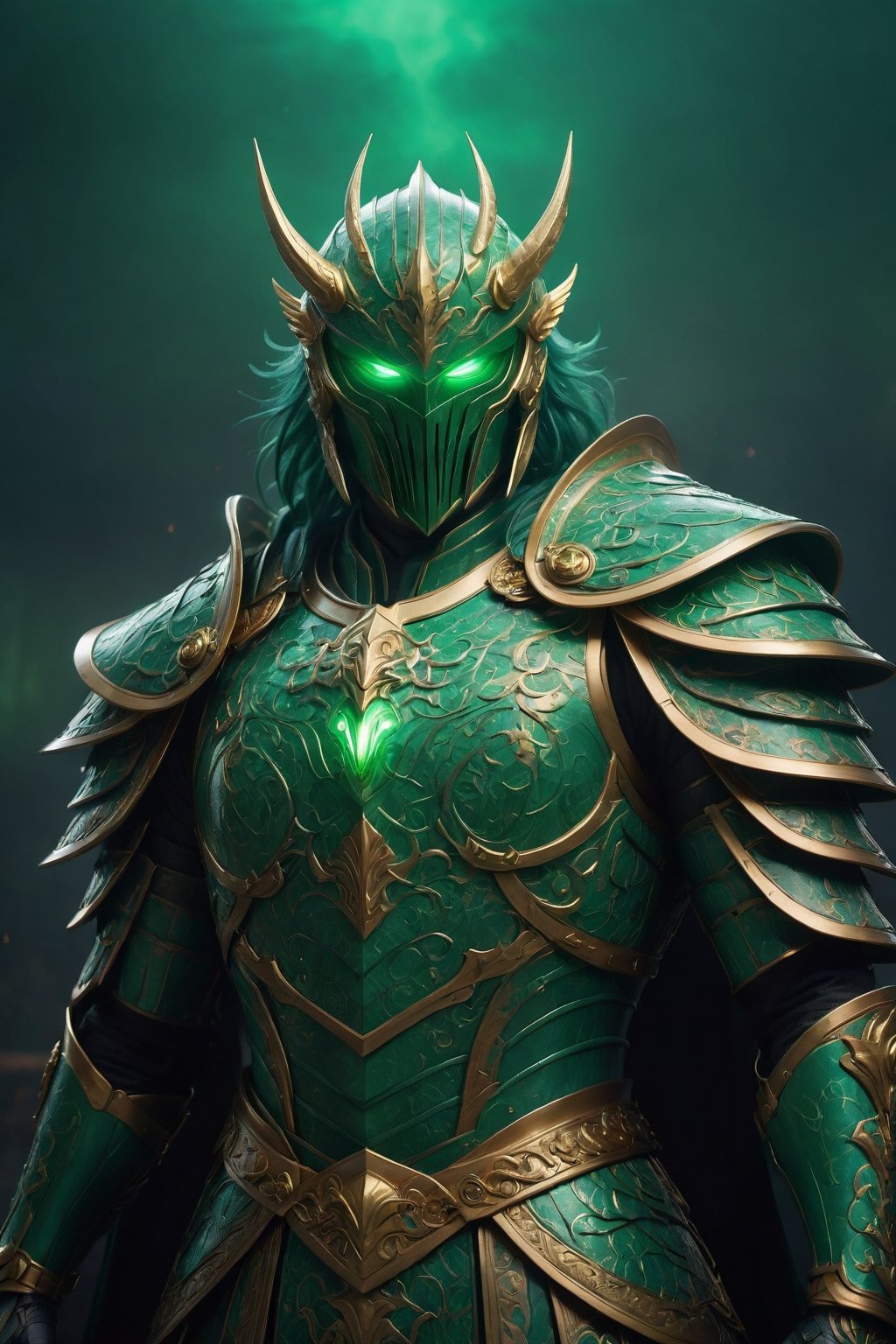 Merdusa armour, green colour, villain cape, angry, glowing eyes and an aura of rage surrounding him, cinematic style, anamorphic lens, black fog filter, film grain, perfect composition, film grain, film lighting, good composition, good anatomy, intimidating, 
