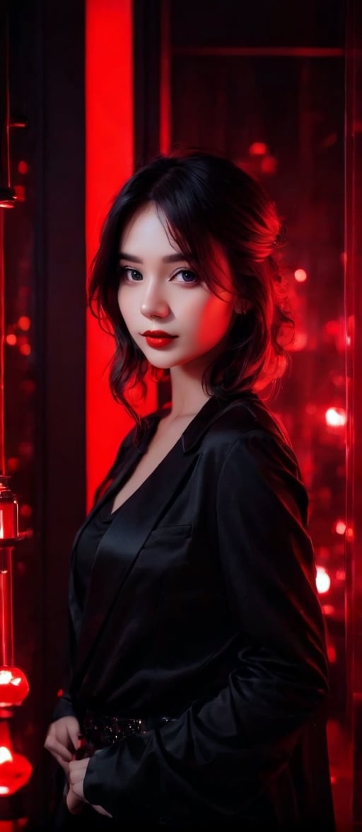  cute dark girl posing looking front camera like dark atmosphere red light, aesthetic background ,Glass,b3rli,photostudio