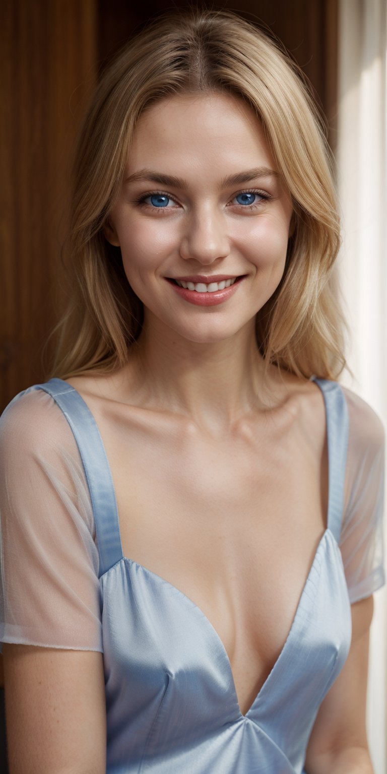 cute blonde tall smiling young girl Ukrainian face beautifull cheekbones, perfect glow lips, blue eyes, and a perfect nose, natural skin  in good ilumination light ambient  reflex canon natural  photo beautifull   reflextions, detailed face, silk clothes, natural ambient lights, 
high res, high quality, skinny, photorealistic, realistic, ((masterpiece)), ,photostudio, aesthetic 