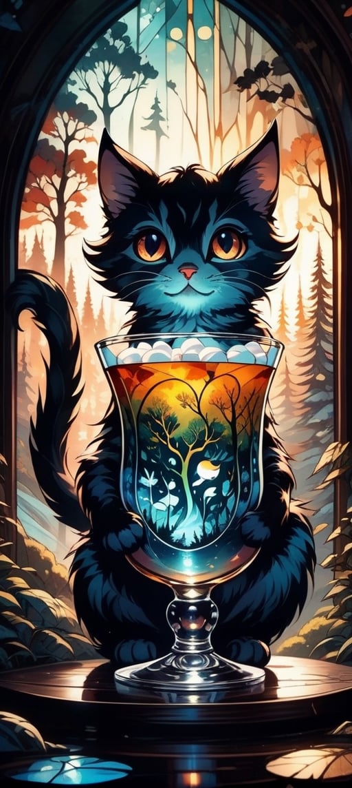  delightful drink,   two parts in one art, double exposure, best quality, dark tales, close up small cute cat drinking an extremely detailed  choco cocktail,  smoke, marshmallow. table. window. forest winter  sunset, detailed face, big eyes  Craola, Dan Mumford, Andy Kehoe, 2d, flat, cute, adorable, vintage, art on a cracked paper, fairytale, patchwork, stained glass, storybook detailed illustration, cinematic, ultra highly detailed, tiny details, beautiful details, mystical, luminism, vibrant colors, complex background,