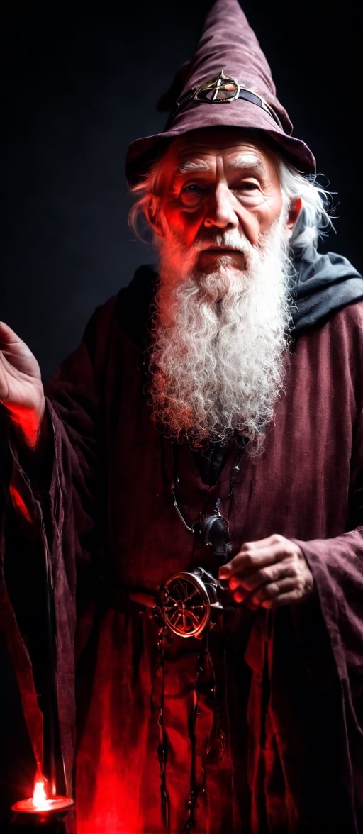 standing in front camera looking front old man wizard in studio  model posing looking front camera like dark atmosphere red glows, ,Glass,b3rli,photostudio