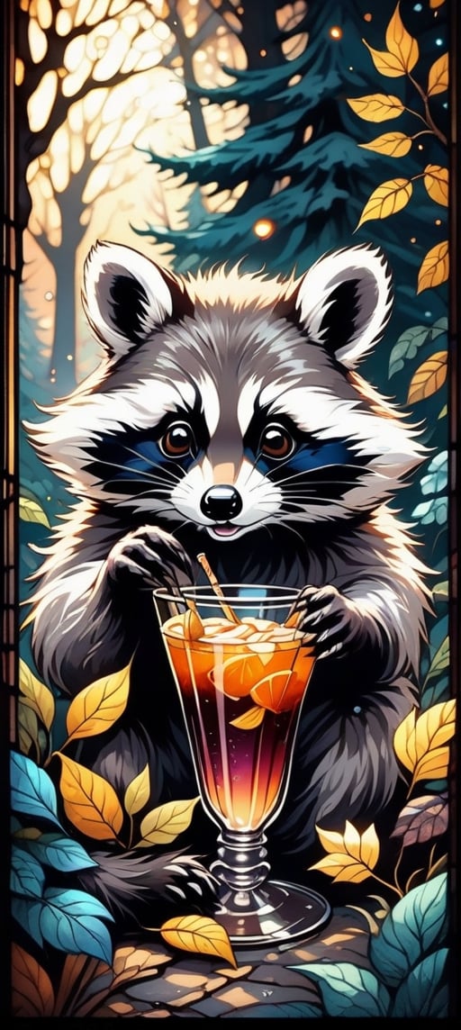  delightful drink,   two parts in one art, double exposure, best quality, dark tales, close up baby racoon drinking an extremely detailed  choco cocktail,  smoke, marshmallow. table. window. forest winter  sunset, detailed face, big eyes  Craola, Dan Mumford, Andy Kehoe, 2d, flat, cute, adorable, vintage, art on a cracked paper, fairytale, patchwork, stained glass, storybook detailed illustration, cinematic, ultra highly detailed, tiny details, beautiful details, mystical, luminism, vibrant colors, complex background,