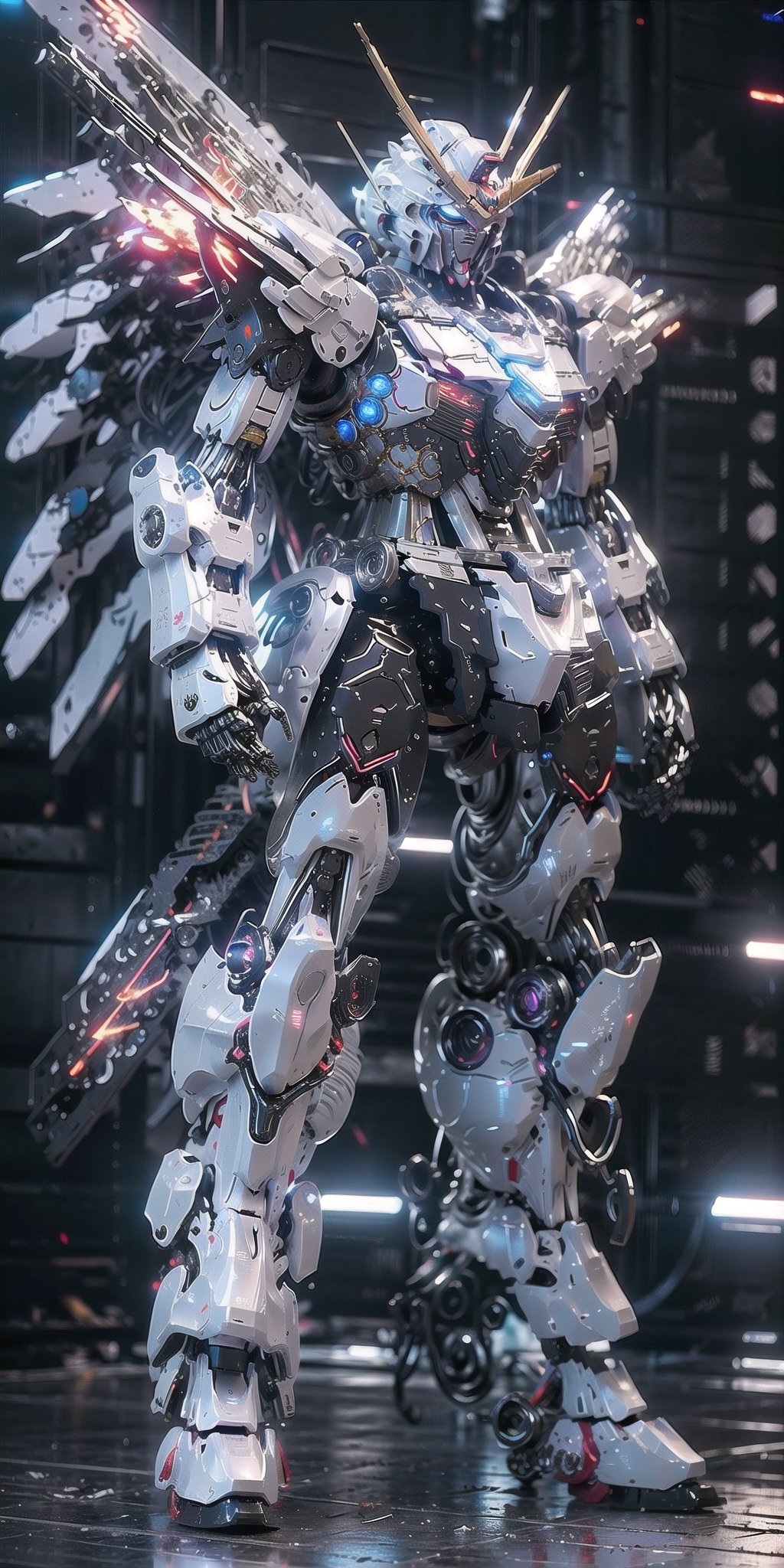 Surrealism neons, Photorealistic, UHD, High Detail, 32k, Best Quality, Textured Skin front walking, red metal Gundam Mecha, wings, Funnel, Mecha Ship, Masterpiece, Best Quality, Mecha, Unmanned, (Full Body), (Black Mecha: 1.8), (Axisymmetric: 1.2), (HDR), (Movie Light: 1.1), White Eyes, Cool, Science Fiction, Fire, Universe, oversized shield, with laser cannon beams, wars, conflicts, machinegun weapons  (has a huge weapon: 1.5),urban techwear,FFIXBG,Realism,Neon Light