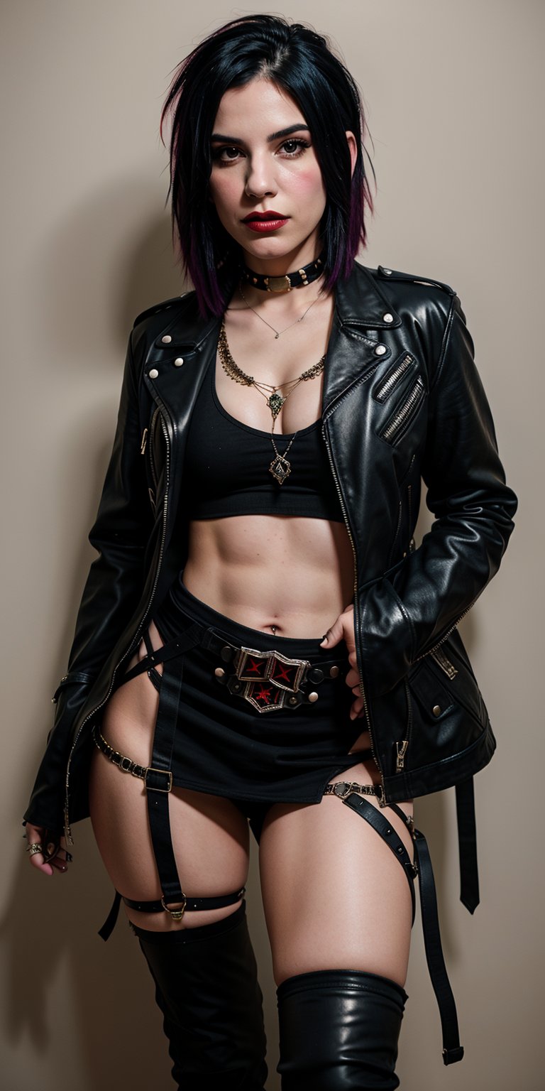 Realistic full shot of stunningCourtney LaPlante, donning a provocative punk outfit. 