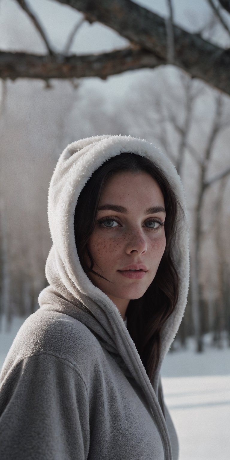 Photorealistic analog portrait of a 25-year-old French woman in winter, captured outdoors while wearing a hoodie. The composition adheres to the rule of thirds, featuring dramatic lighting that accentuates her medium hair and detailed face. Noteworthy elements include freckles, a collar or choker, and a subtle smirk. The woman is adorned with a tattoo, adding an extra layer of intricacy. The background, rendered in raw and realistic detail, contributes to the overall atmosphere. The analog approach ensures a genuine and raw quality to the image, emphasizing the woman's unique features within the context of a winter setting.