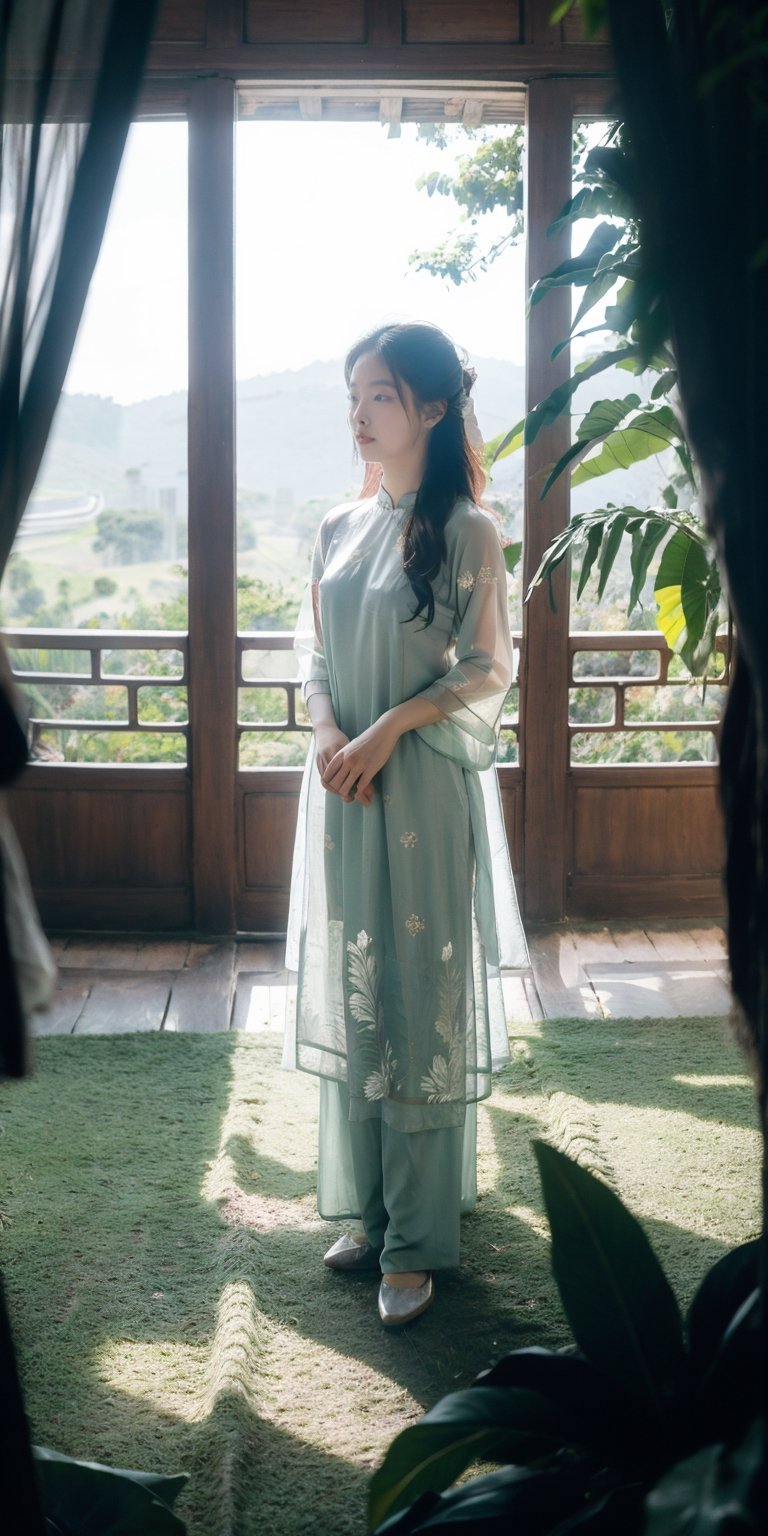 Vietnamese girl in áo dài, nature scene, ethereal and poetic style, soft natural light, flowing áo dài fabric, surrounded by lush greenery or scenic landscape, contemplative expression, harmonious connection with nature, traditional grace and beauty, dreamy and romantic ambiance, capturing the essence of a poetic muse,aodai,VINTAGE, looking_at_viewer, ,dream_girl