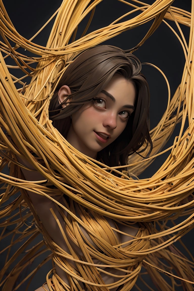 Create an amusing woman tangled in a web of spaghetti, medium shot, masterpiece,3DMM,