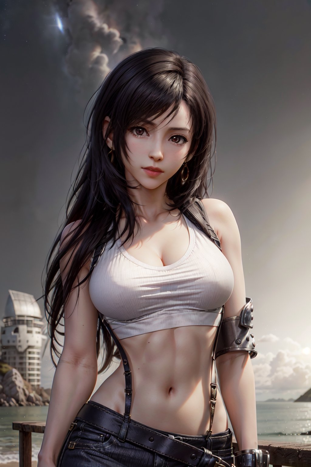 (8k,  RAW photo,  photorealistic:1.25),  1girl,  tifa lockhart, with golden accents,  (full body:1.2),  (highly detailed skin:1.2), ((slim,  skinny waist:1.4)), dynamic pose,  well sunlit,  ((looking at viewer)), Tifa, TifaFF7, white shirt, black skirt, suspenders, 1 girl, beautiful face, beautiful eyes, blue night sky, beach background, colorful