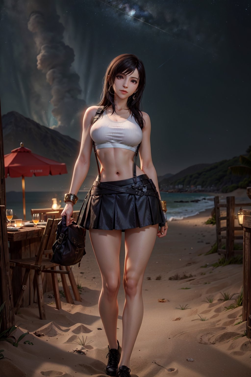(8k,  RAW photo,  photorealistic:1.25),  1girl,  tifa lockhart, dynamic action pose, with golden accents,  (full body:1.2),  (highly detailed skin:1.2),  wide hip,  narrow waist,  curvy waist,  ((slim,  skinny waist:1.4)), dynamic pose,  well sunlit,  ((looking at viewer)), Tifa, TifaFF7, white shirt, black skirt, suspenders, 1 girl, beautiful face, beautiful eyes, night sky, beach background, colorful