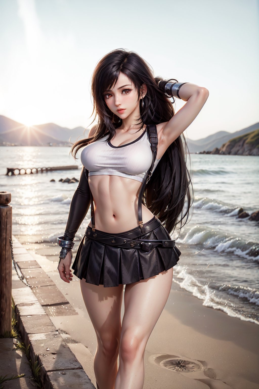 (8k,  RAW photo,  photorealistic:1.25),  1girl,  tifa lockhart, dynamic pose, with golden accents,  (full body:1.2),  (highly detailed skin:1.2), ((slim,  skinny waist:1.4)), dynamic pose,  well sunlit,  ((looking at viewer)), Tifa, TifaFF7, white shirt, black skirt, suspenders, 1 girl, beautiful face, beautiful eyes, blue night sky, beach background, colorful