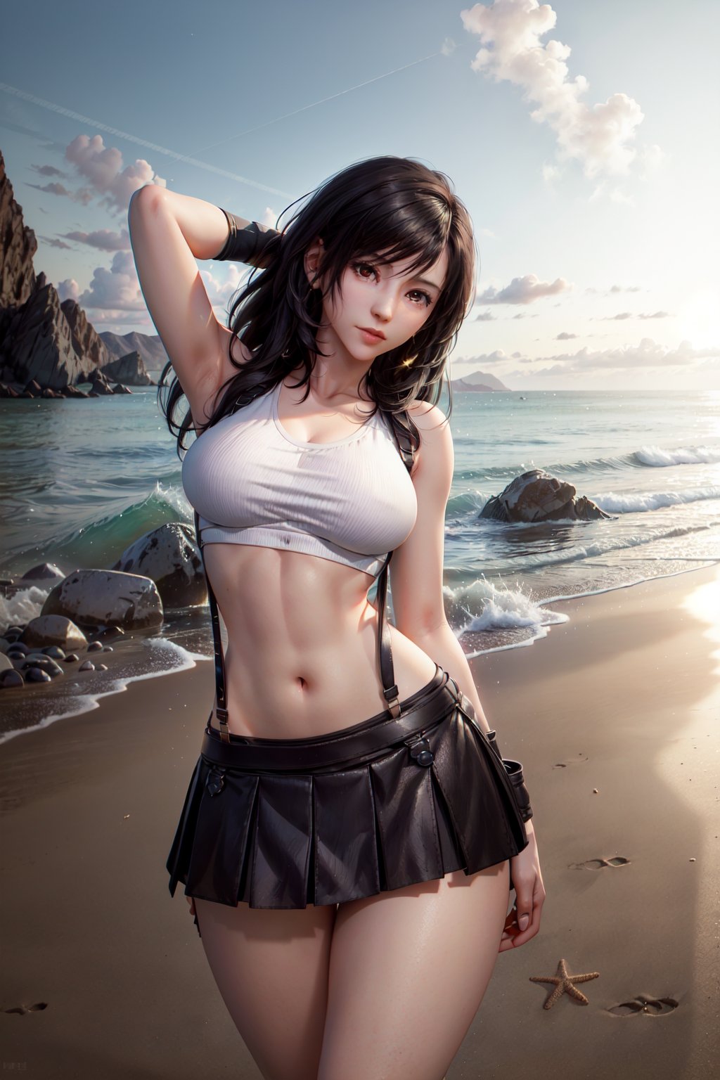 (8k,  RAW photo,  photorealistic:1.25),  1girl,  tifa lockhart, dynamic action pose, with golden accents,  (full body:1.2),  (highly detailed skin:1.2),  wide hip,  narrow waist,  curvy waist,  ((slim,  skinny waist:1.4)), dynamic pose,  well sunlit,  ((looking at viewer)), Tifa, TifaFF7, white shirt, black skirt, suspenders, 1 girl, beautiful face, beautiful eyes, blue night sky, beach background, colorful