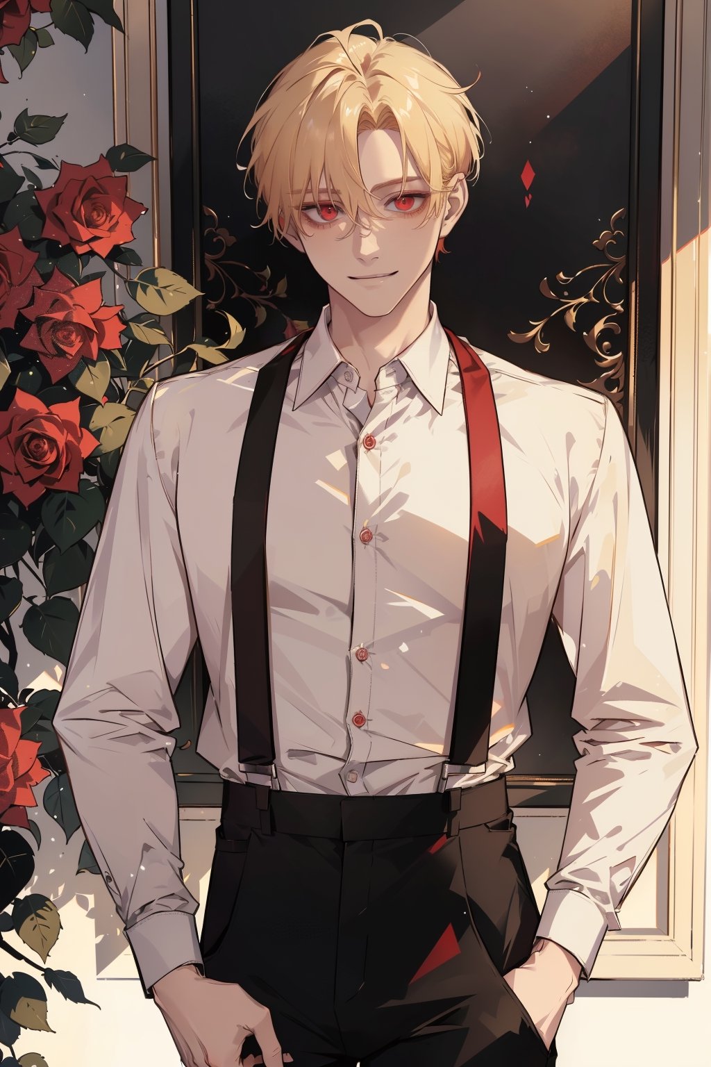 (masterpiece, best quality, highres:1.3), ( young handsome man, blonde hair, short hair, red eyes, glowing eyes, levi ackerman hairstyle,)  solo, looking at viewer, shirt,  white shirt, upper body, flower, male focus, open clothes, collared shirt, pants, open shirt, rose, suspenders, plant, red flower, red rose, smiling