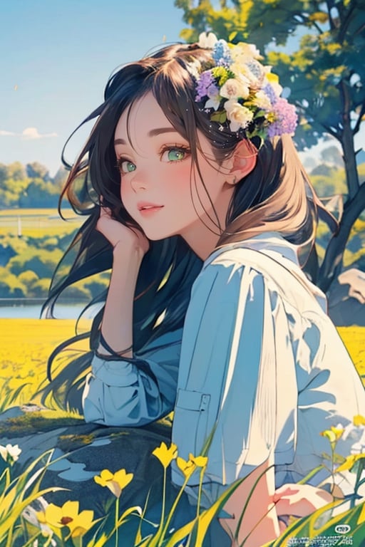 huge smile, A mesmerizing girl sitting on a rock and a field full of flowers. (Masterpiece, top quality, best quality, official art, beautiful and aesthetic:1.2), (1girl:1.4), portrait, extreme detailed, highest detailed, photorealistic, ,pastel,chinatsumura