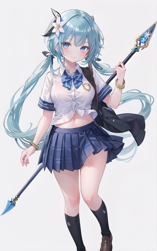 1girl, solo, weapon, skirt, shiny, polearm, holding, full body, simple background, long hair, navel, shoes, holding weapon, shiny hair, bangs, looking at viewer, smile, short sleeves, loafers, bow, pleated skirt, blue hair, socks, shiny skin, bowtie, breasts, naginata, medium breasts, bracelet, jewelry, closed mouth, white background, page number, kneehighs, buttons, school uniform, shirt, brown footwear, spear, black socks, stomach, blue skirt, white shirt, blush, low twintails, hair ornament, shiny clothes, braid, twintails, holding polearm, floral background, plaid, fingernails, hand up