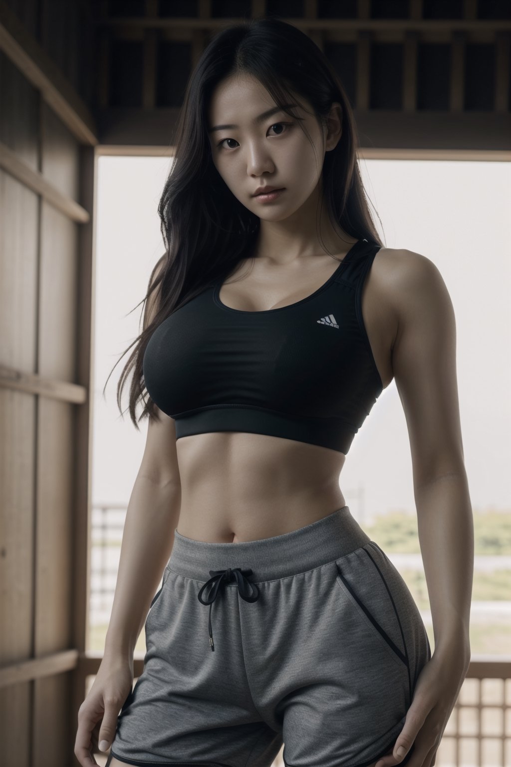 ((Masterpiece)),((Ultra Best quality)),Photorealistic,8k raw photo,((Hyperdetailed)),1Korean Girl,((Any Pose)).Beautiful Face,oversized Black Sports bra and black jogger,oversized Black sports bra and black jogger,blurry_light_background, ((Medium Round Boobs)), detailed, perfect body, perfect hand,thick thigh,japanese girl,looking at the viewer,background landscape,Long hair,thigh exposure,perfect hands,best lighting,natural light,HDR

