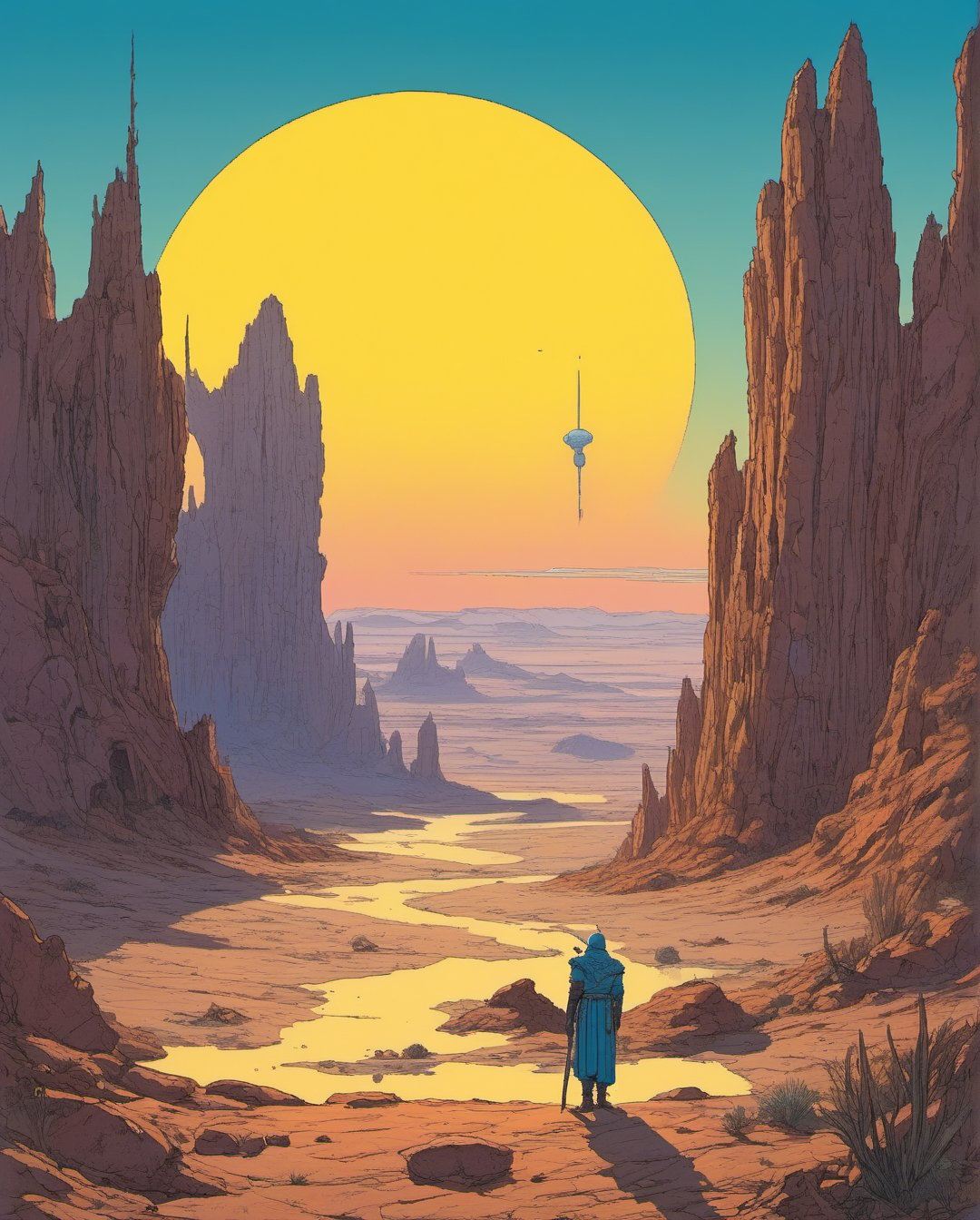 In this masterclass piece, Moebius's distinctive style shines through. A majestic alien planet sprawls before us, bathed in the warm glow of a blue giant star and flanked by a yellow dwarf. In the foreground, a primal aborigine stands tall, its ears adorned with tassels, black claws extending from its fingers, and piercing blue eyes fixed intently on the viewer. The spear held aloft features an obsidian tip, while the surrounding savannah landscape stretches out in eerie surrealism, punctuated by inverted neon hues dripping like a rainbow-colored stain across the composition.